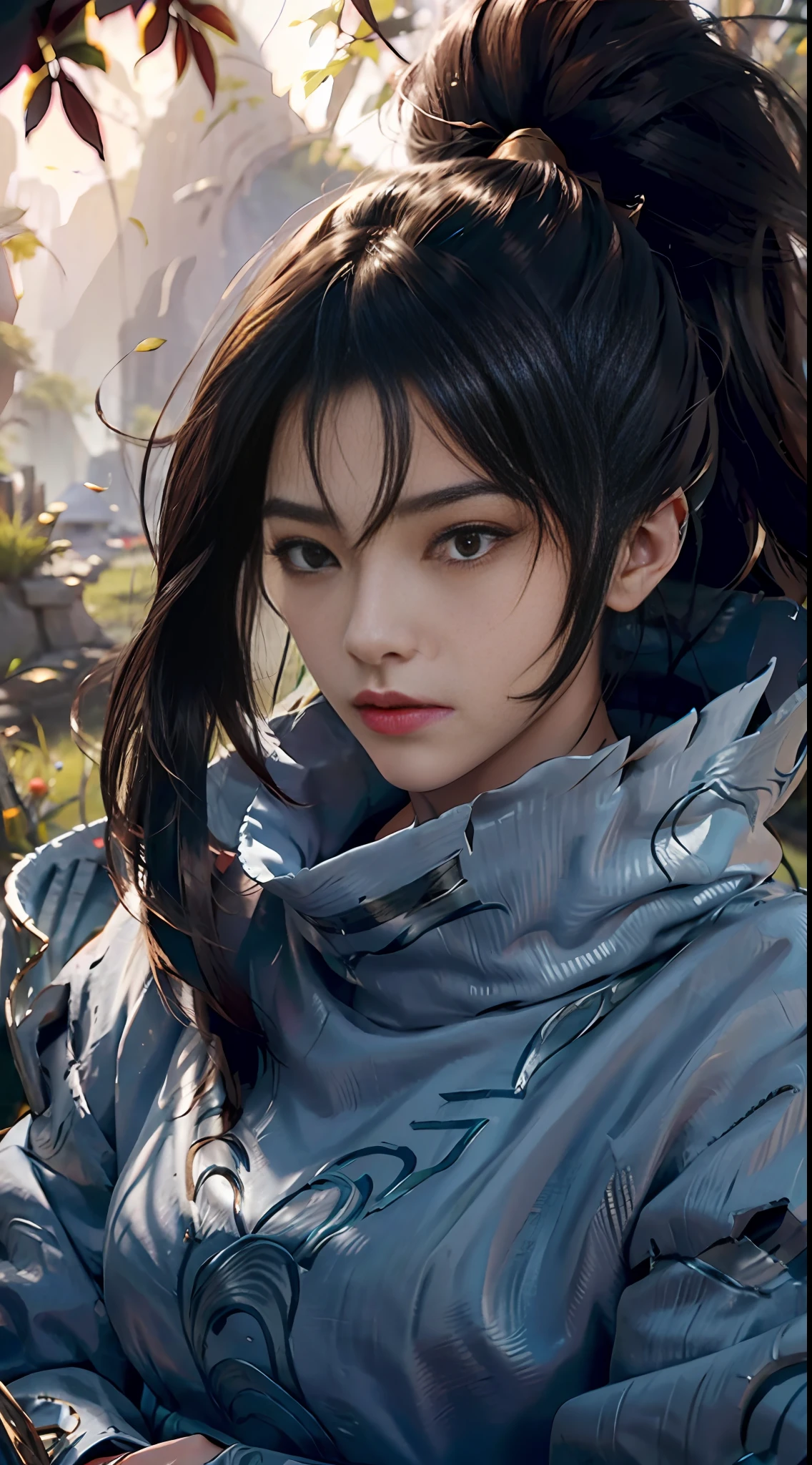 Masterpiece, Best Quality, Ultra High Resolution, Cloth Texture, (Realism: 2), Very Detailed, Beautiful, Small Detail, Ultra Detailed, Best Quality, Digital Illustration, Detailed, Complex, 4k, Good ???????, Intricate Details, Masterpiece, (Illustration: 1.1), High Resolution, Masterpiece, Detailed Shadows, Hands Crossed Against This Big Tree, Amazing Detail, (Boy: Girl: 30), League of Legends, yasuo_ (league_of_legends), 1girl, Solo , Brunette hair, ponytail, flowing hair, spiked hair, delicate eyes,