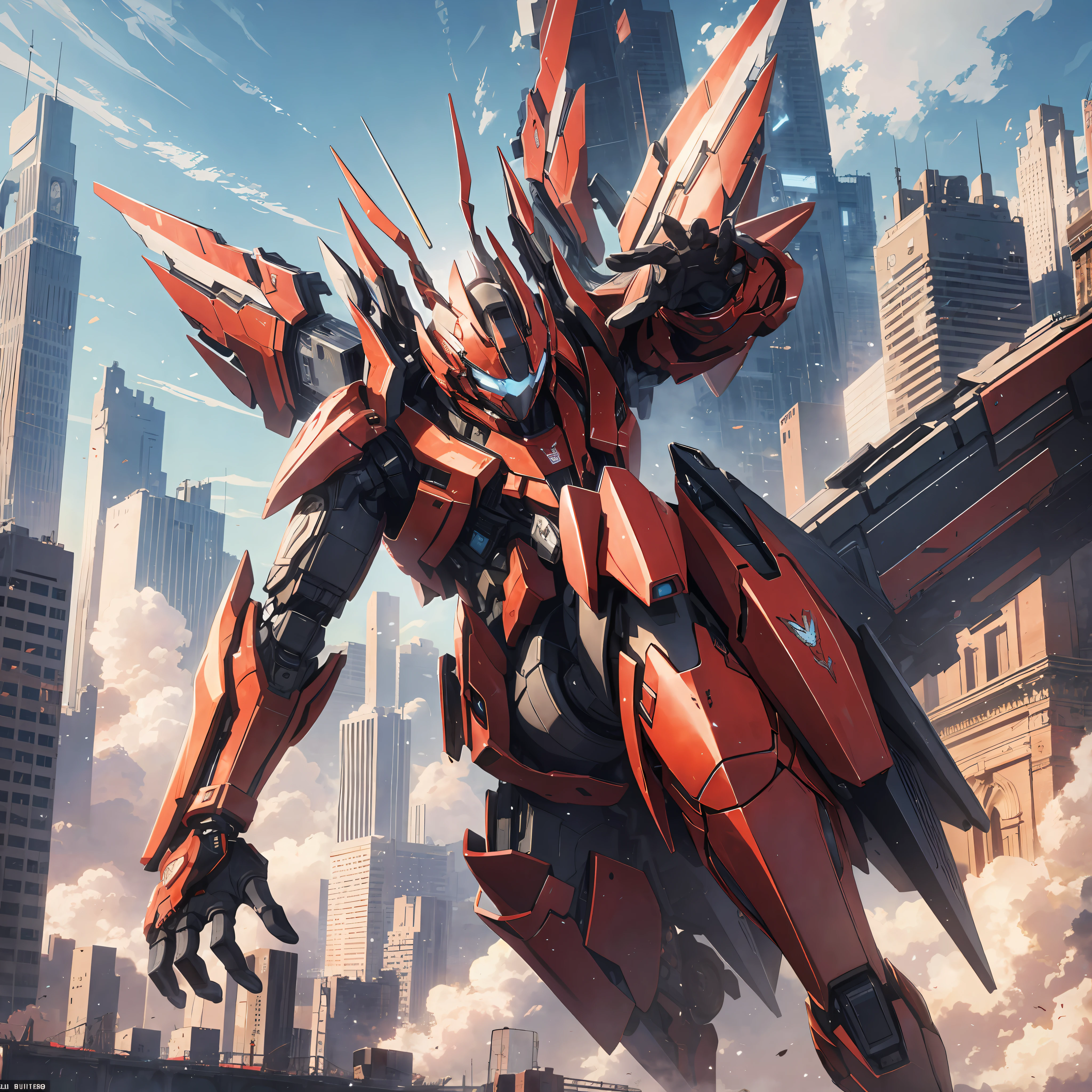 Absurd resolution, high resolution, (masterpiece: 1.4), hyper-detail, a mech, red armor with red wings, floating flight in the sky (1.8) background is wild, fire