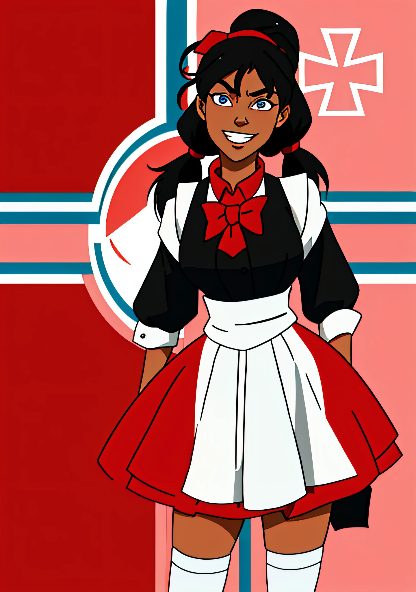 anime girl in a red and black outfit with a red and white background, red white and black, red black and white, red and black and white, black anime manga girl, anime maid ss military, red and black, in red and black, red white and black colors, loli, black and white and red, red and black costume!!!, ( ( extreme detail ) ), ( ( dark-skinned_female ) ), ( ( very dark skin ) ), younger woman, cowboy shot, sky blue eyes, black hair, twintails, grin, smug