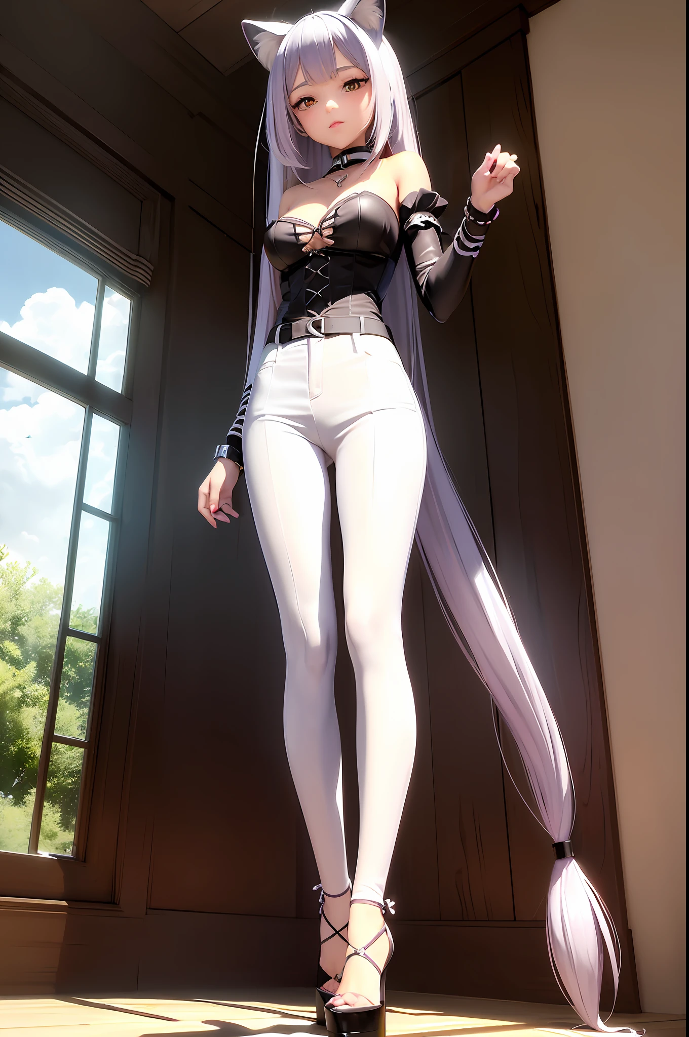 Top quality, masterpiece, cute cat girl, half girl, half black and white striped tigress, cat collar, white luxurious collar and lavender seventh lavender lace top climbing from a huge open vellum box Interior image Unreal Engine 5 style trousers, anime style character design, ray tracing, tangled form , open windows, rich potted greenery, impressive sky, full of hidden details