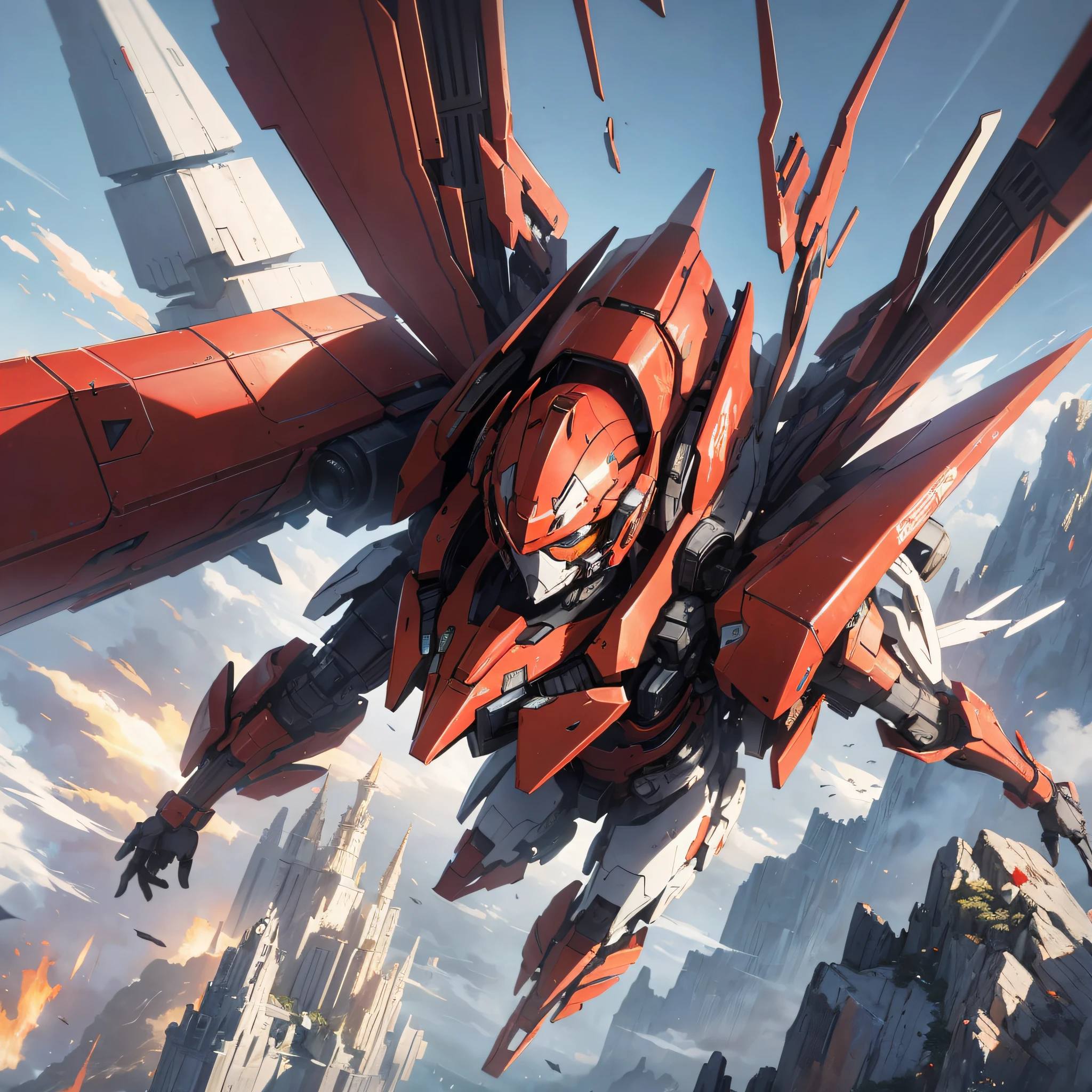 Absurd resolution, high resolution, (masterpiece: 1.4), hyper-detail, a mech, red armor with red wings, floating flight in the sky (1.8) background is wild, fire