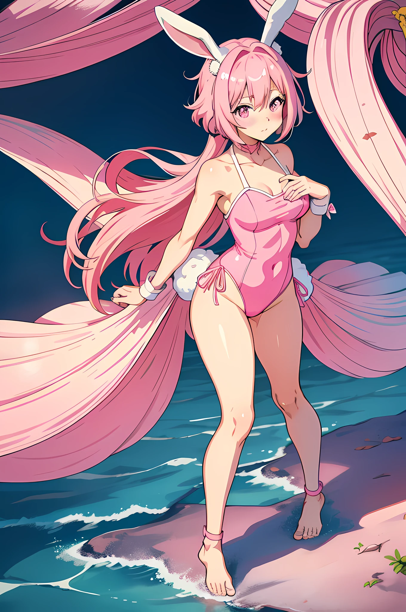 Anime girl with pink hair and rabbit ears with a pink leotard, pink eyes, shy blush,uncovered legs,uncovered thighs.full body, barefoot, feet,