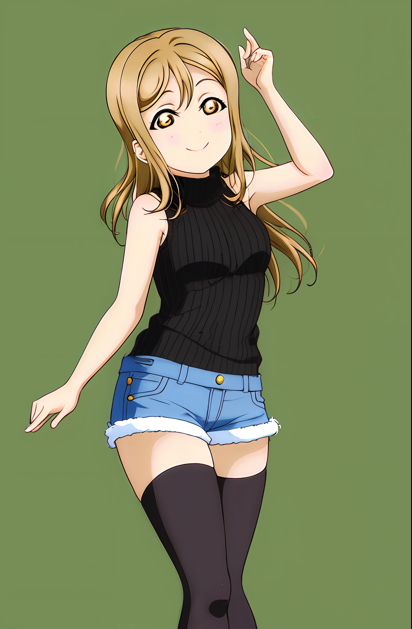 masterpiece, best quality, sleeveless turtleneck shirt, black thighhighs, denim shorts, tights, yellow eyes, light brown hair, straight hair, Kunikida Hanamaru from Love Live, smile, 1girl, accurate limbs, simple background