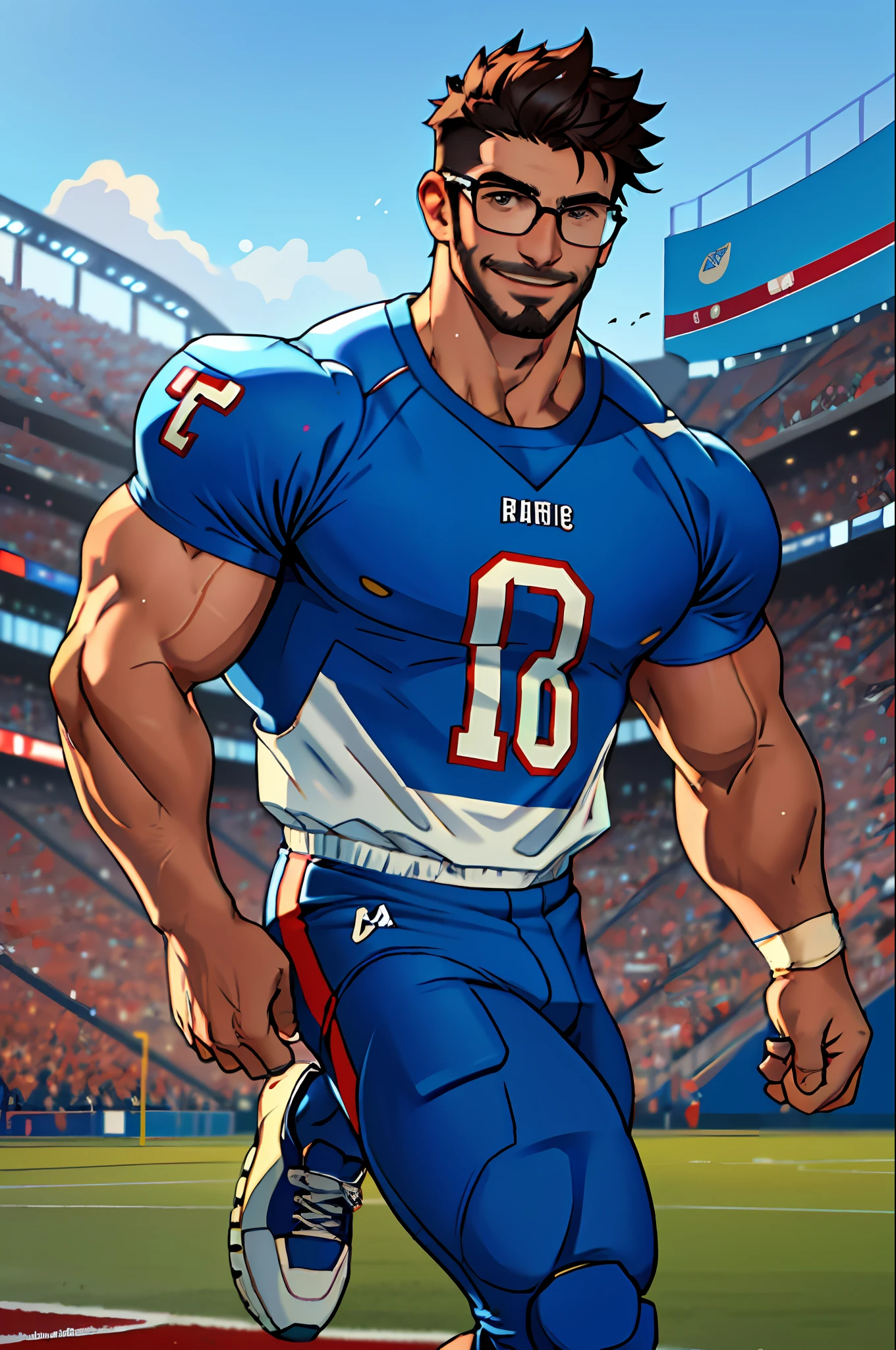 Best quality, masterpiece, ultra high res, detailed background, realistic, solo, male, wearing a clear glasses, mature, bara, muscular, short hair, facial hair, shirtless outfit, tight shortpant, school, full body, football player, Football Field, sports, thick thighs, light smile, sneakers, depth of field