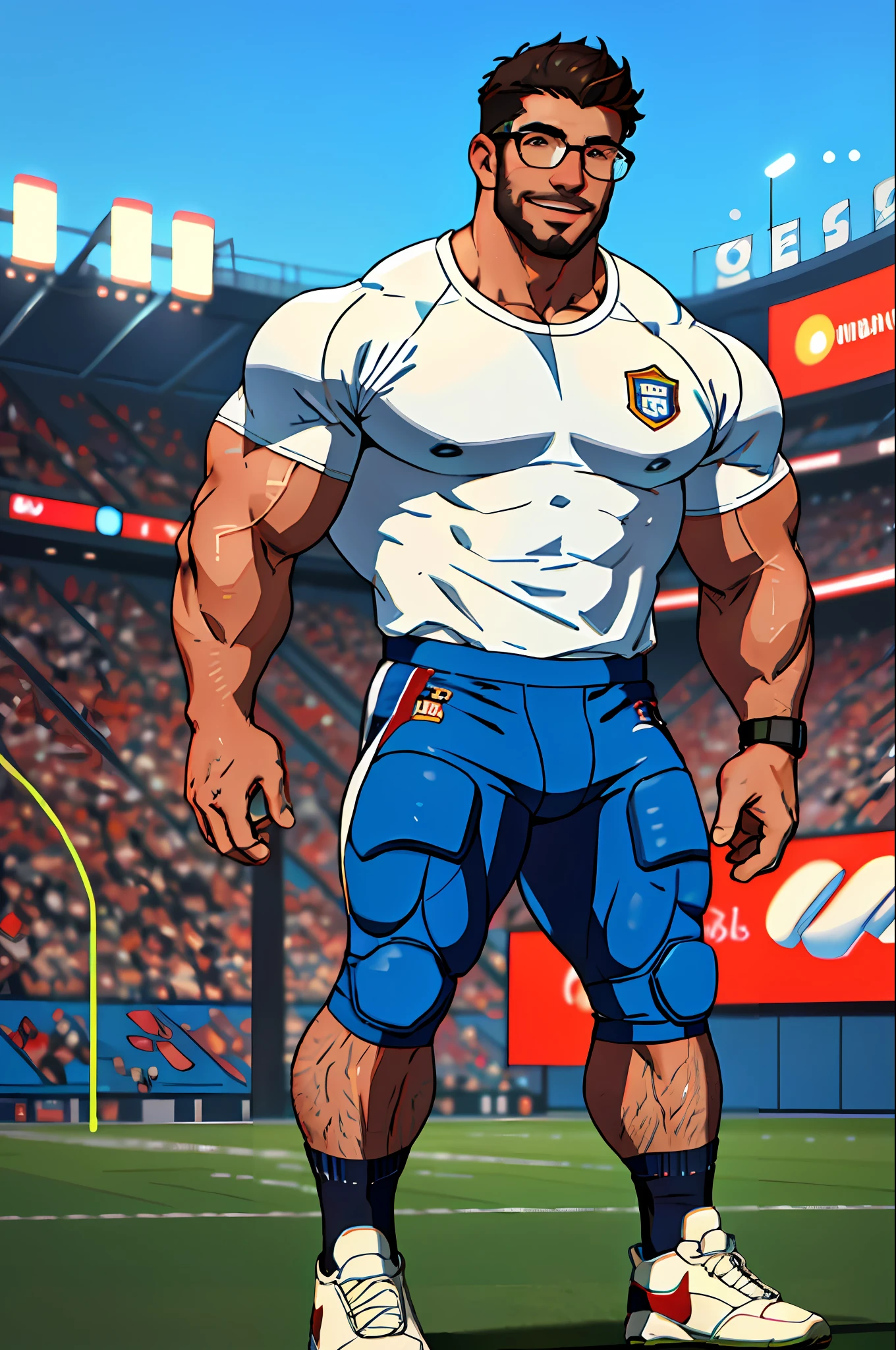Best quality, masterpiece, ultra high res, detailed background, realistic, solo, male, wearing a clear glasses, mature, bara, muscular, short hair, facial hair, shirtless outfit, tight shortpant, school, full body, football player, Football Field, sports, thick thighs, light smile, sneakers, depth of field