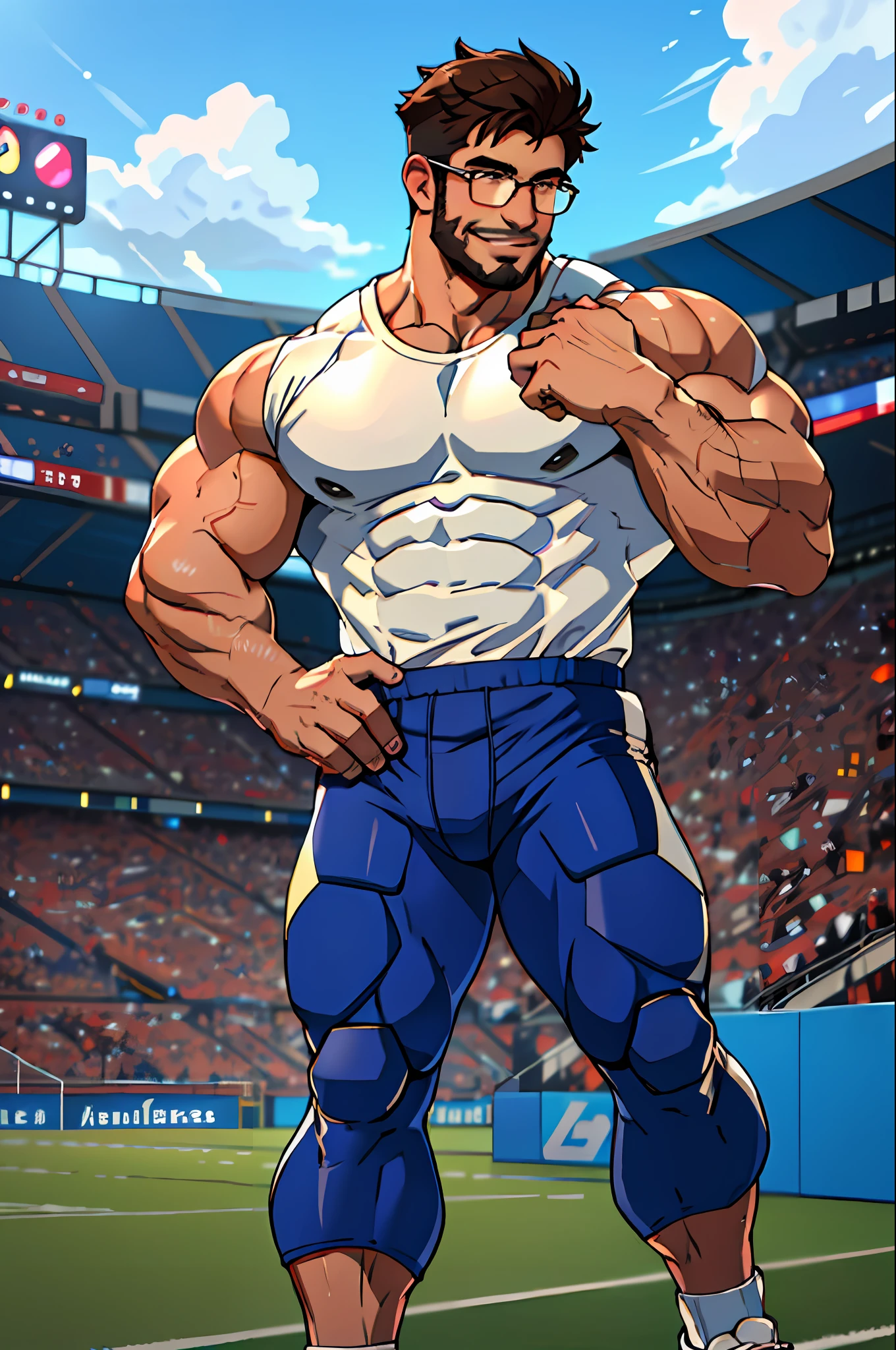 Best quality, masterpiece, ultra high res, detailed background, realistic, solo, male, wearing a clear glasses, mature, bara, muscular, short hair, facial hair, shirtless outfit, tight shortpant, school, full body, football player, Football Field, sports, thick thighs, light smile, sneakers, depth of field