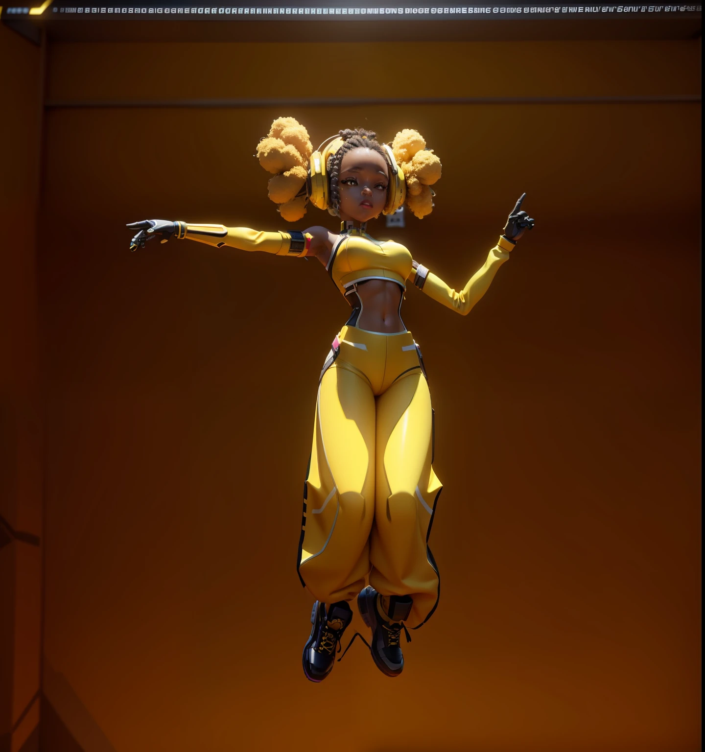 a close up of a person in a yellow outfit jumping in the air, 3 d render character art 8 k, 3 d character render, epic 3 d oshun, cyberpunk bee, afro futuristic, 3 d character, 3d character, african female android, jump pose, rendered in sfm, render of a cute 3d anime girl, anime robotic mixed with organic