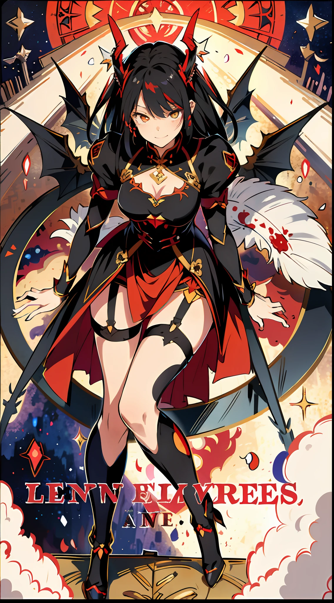 absurd res, high res, (masterpiece:1.4), ultra-detailed, 1girl, from above, space, floating, Chinese dress, red dress, stockings, garter belt, black hair, glowing yellow eyes, vampire, wings, black wings, psychopathic smirk, psychopathic smile, evil smile, scary smile, blood on face, kneeling