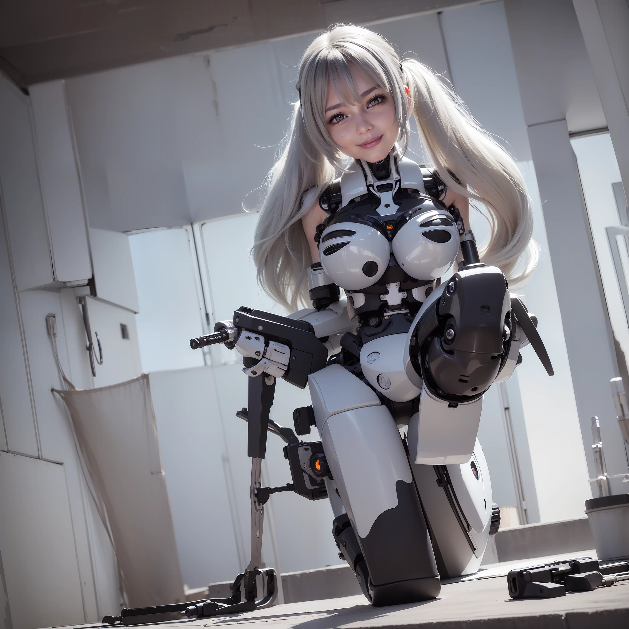 Beautiful Face,, From Back, 1 Woman, Curvaceous, Top Quality, Masterpiece, Ultra Detailed, ((((Bikini Cyborg Robot Parts)))), (Light Grey Hair), Long Hair, Wavy Hair, Twin Tails, Medium Shot, (((Seductive Smile)), (Black Eyes), Princess Cut, (Cowboy Shot),Squatting,Spread Your Legs,