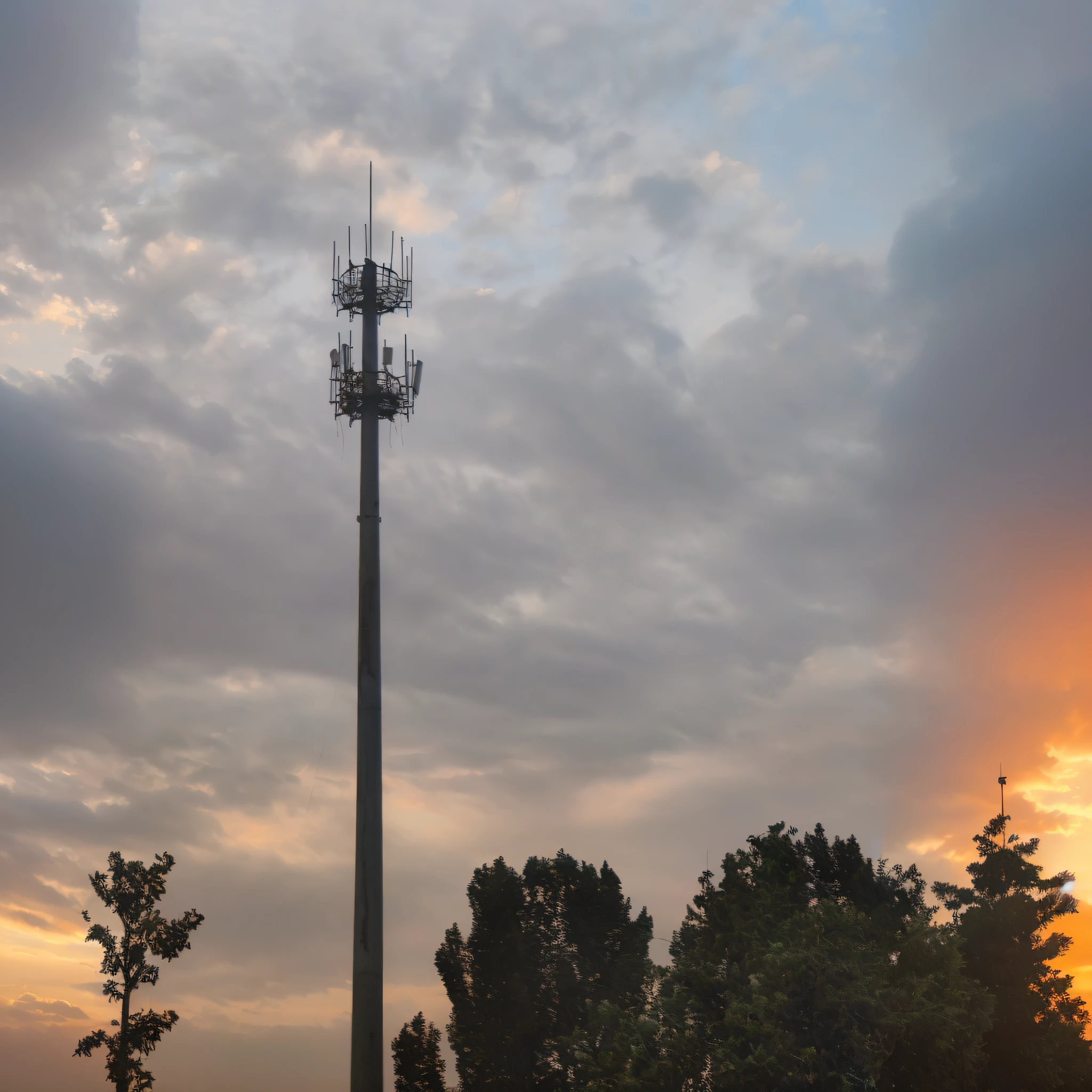 there is a tall tower with a cell phone on top of it, antenna, a tall, the photo shows a large, cell phone photo, tower, cellular, surrounding the city, tall metal towers, shutterstock, overcast dusk, telephone pole, single flooded tower, 4 0 9 6, antennas, an ancient, overcast dawn, during sunset