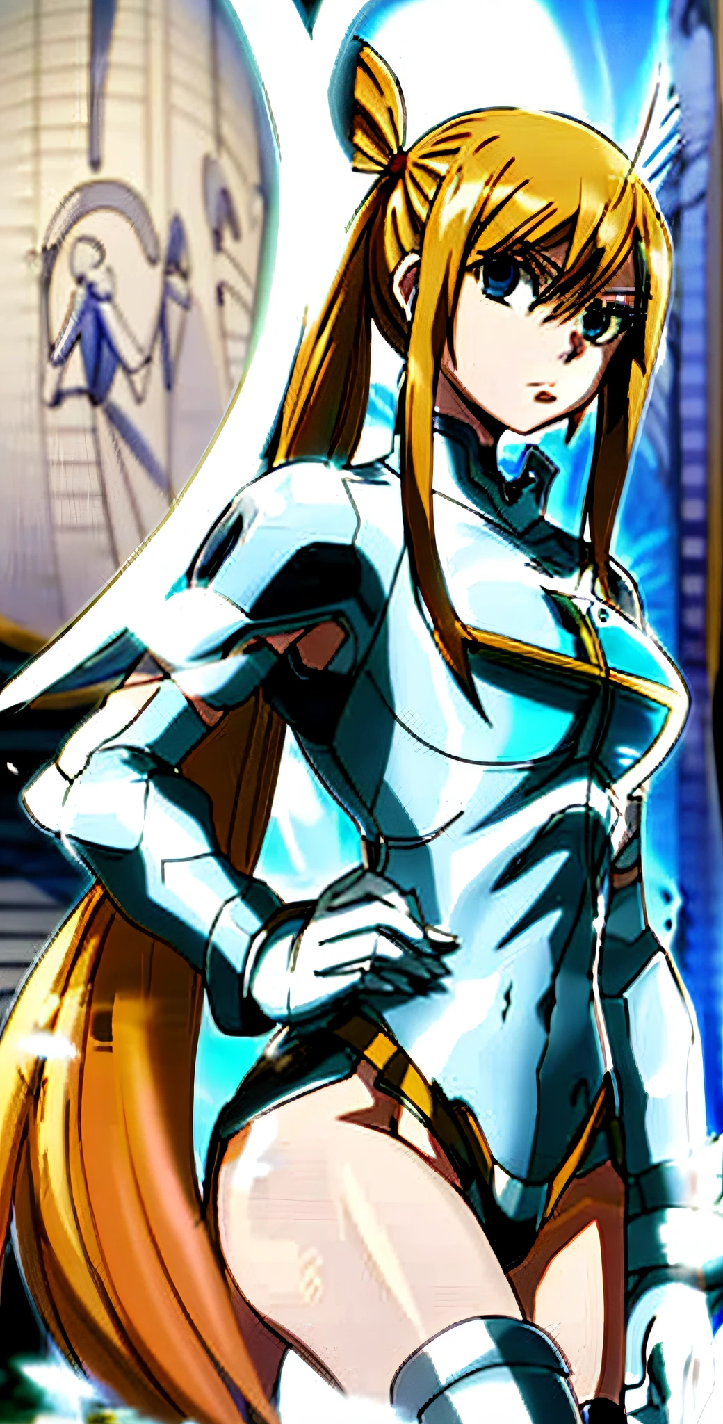 a cartoon image of a woman with long blonde hair and a white top, gainax anime style, twintails white_gloves, female anime character, knights of zodiac girl, inspired by Hiromu Arakawa, anime character, anime girl named lucy, angewomon from digimon, sil from species, blonde anime girl with long hair, best anime character design, blonde hair, blue eyes, medium breasts, hand on hip, very long hair