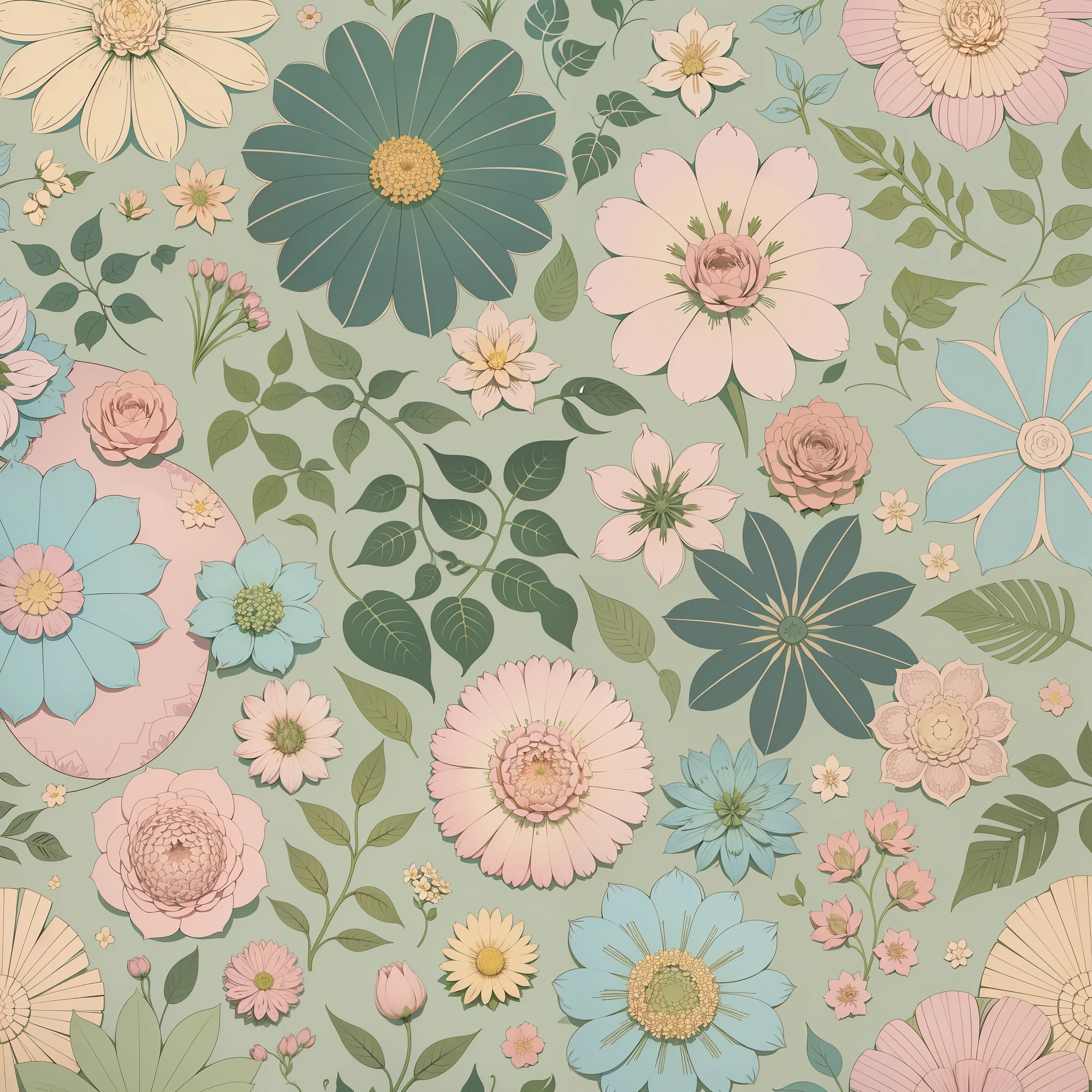 Set pattern of large flowers with plants and vines, defined shape, flat style, vector style, drawing style, naïve style, wallpaper style, in soft pastel colors such as old pink, pastel blue, light blue, beige, pastel violet, pastel yellow and white. No shadows in the images.