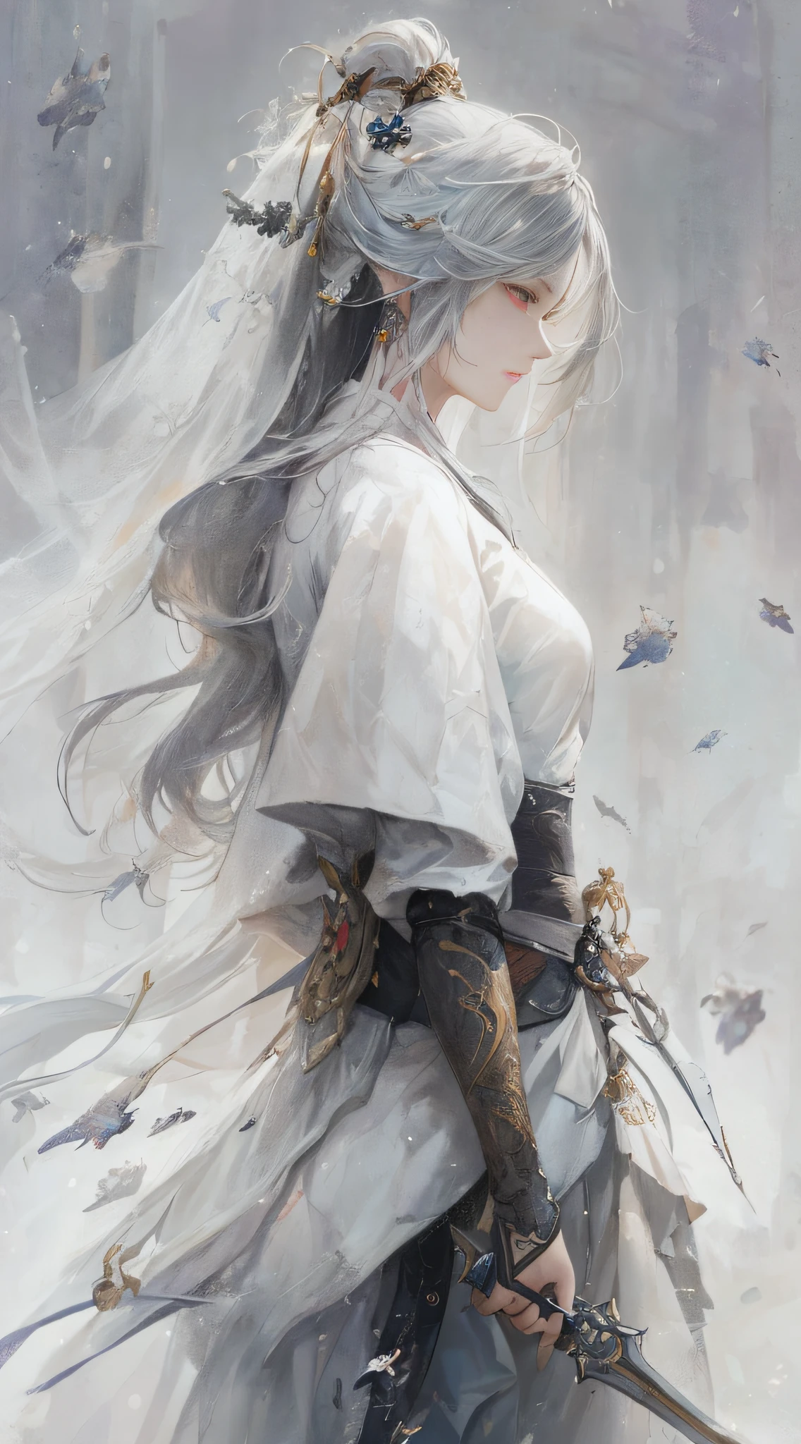 a close up of a woman with a sword in a white dress, a character portrait by Yang J, trending on cgsociety, fantasy art, beautiful character painting, artwork in the style of guweiz, guweiz, white hanfu, flowing white robes, full body wuxia, epic exquisite character art, stunning character art, beautiful female assassin