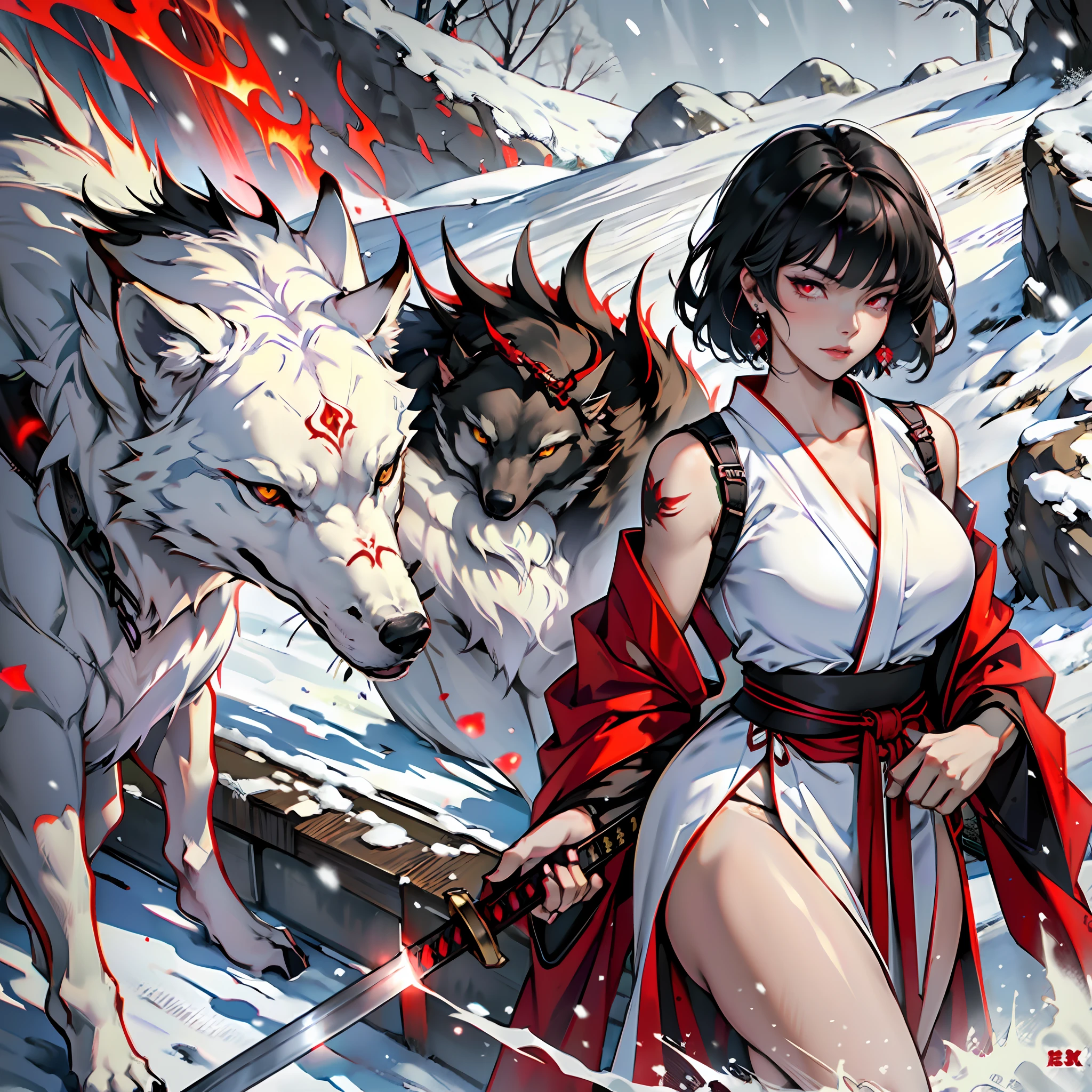 Black hair, short hair, bangs, white kimono, kimono with rips, red katana with black flames, large breasts, curvy woman, thin waist, thick legs, medieval red boot, brown colored eyes, sword-shaped earrings, indifferent look, mature woman, violet flames coming out of the katana, walking in the snow, giant white wolf with red eyes.
