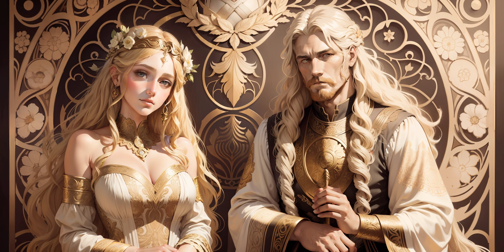 portrait of Hera and Zeus, long curly hair, blonde, floral frame, decorative panels, abstract artistic, by Alphonse Mucha (masterpiece, best quality, high resolution: 1.4), detailed, intricate details, 4K, color splashes, line art, fibonacci ,