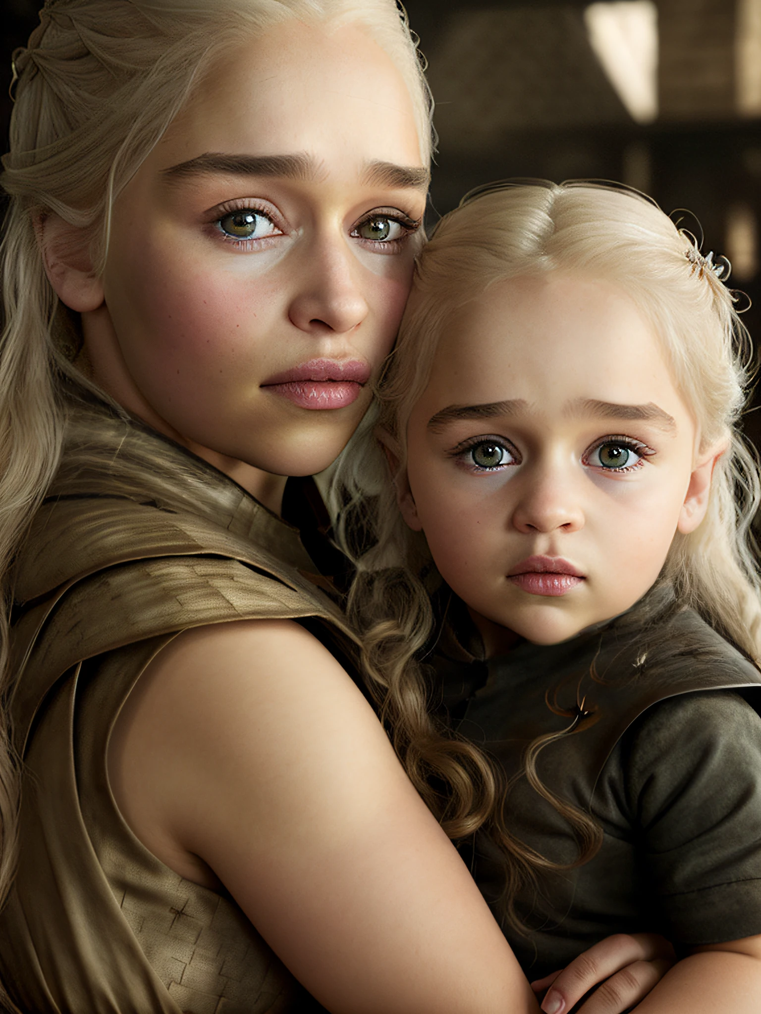 4k, hight quality, (Jon Snow) and [daenerys targaryen|Emilia Clarke] holding a 5 year old girl, Game of Thrones, lightroom, soft light, (natural skin texture:1.2), (hyperrealism:1.1)