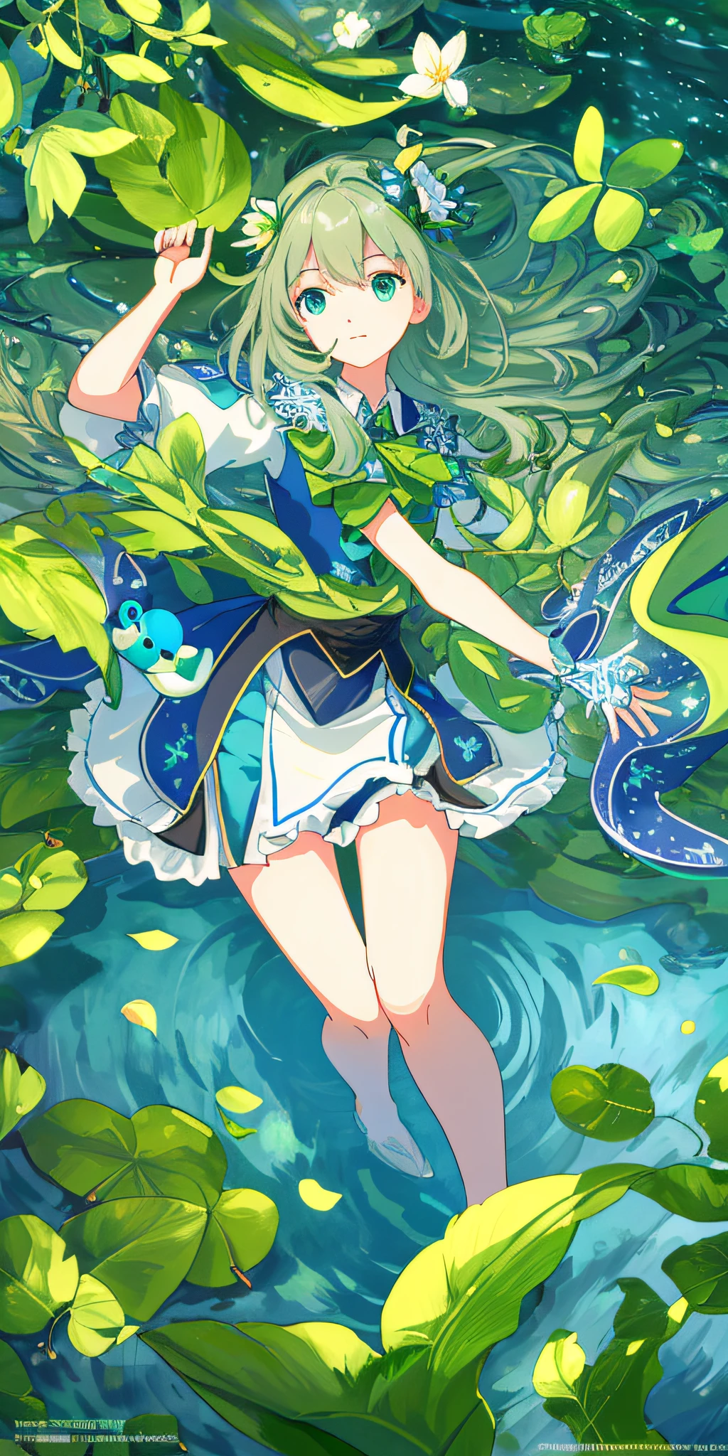 Masterpiece, top quality, (highly detailed CG unified 8K wallpaper) (top quality), (best illustration), (best shadow) nature', blue sea, delicate leaf petals of various colors falling in the air light tracking, little green frog riding on a leaf, super detailed --v6