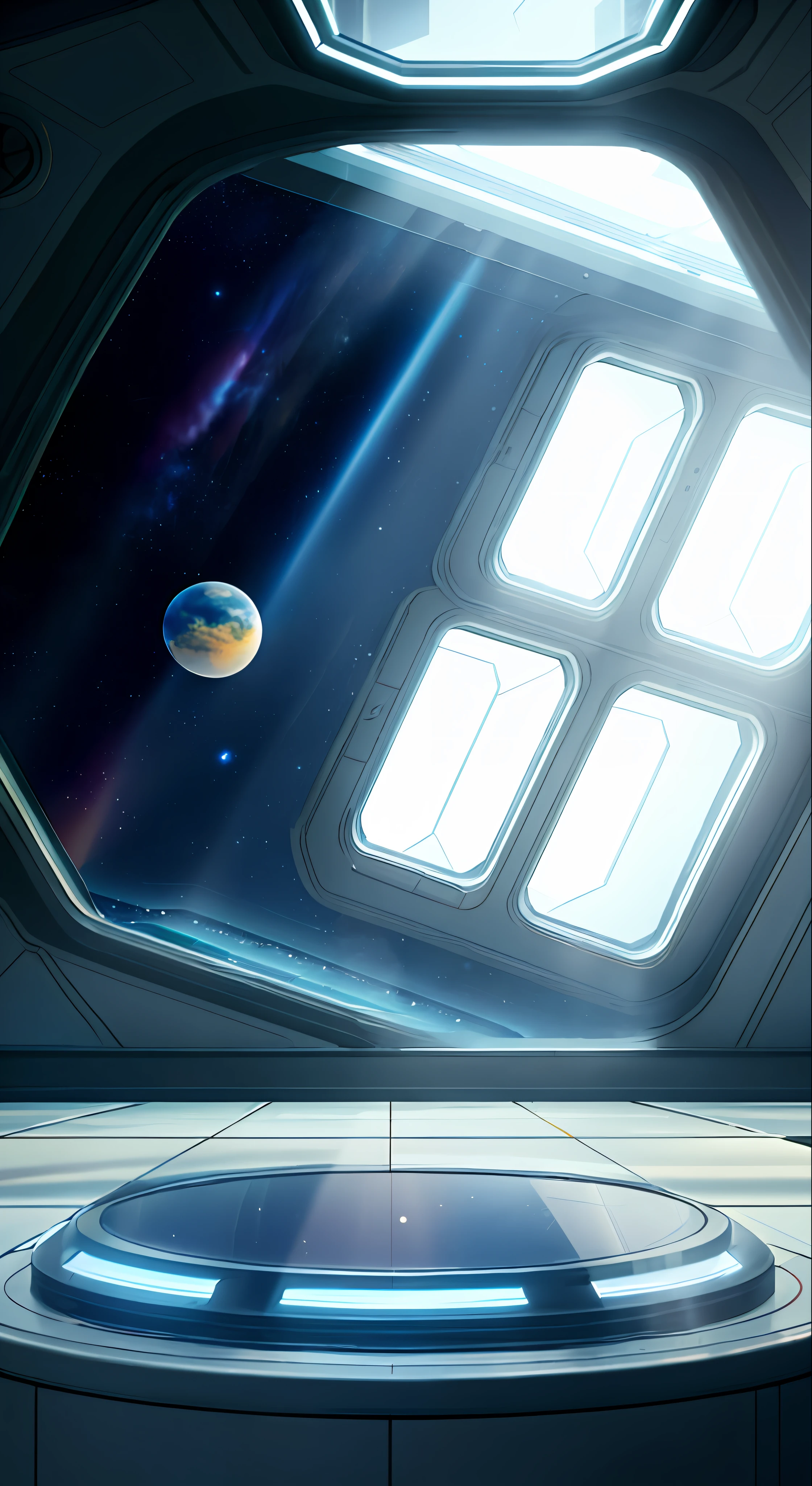 Indoor, high-tech, spaceship interior, you can see the planet outside the window, HD, masterpiece, 8k, bright scene, full light, model background, in the daytime, shooting background, cute scene