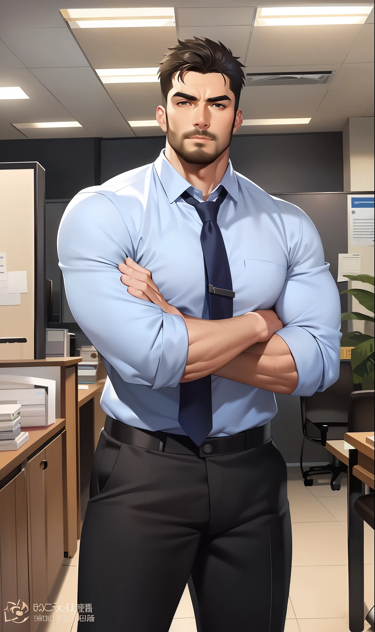 there is a man standing in an office with his arms crossed, office background, heroic masculine pose, muscular male hero, (sfw) safe for work, official art, background artwork, male art, semi - realistic, semi-realistic, office clothes, muscular character, dominant pose, male character, semi - realistic render, mid-shot of a hunky