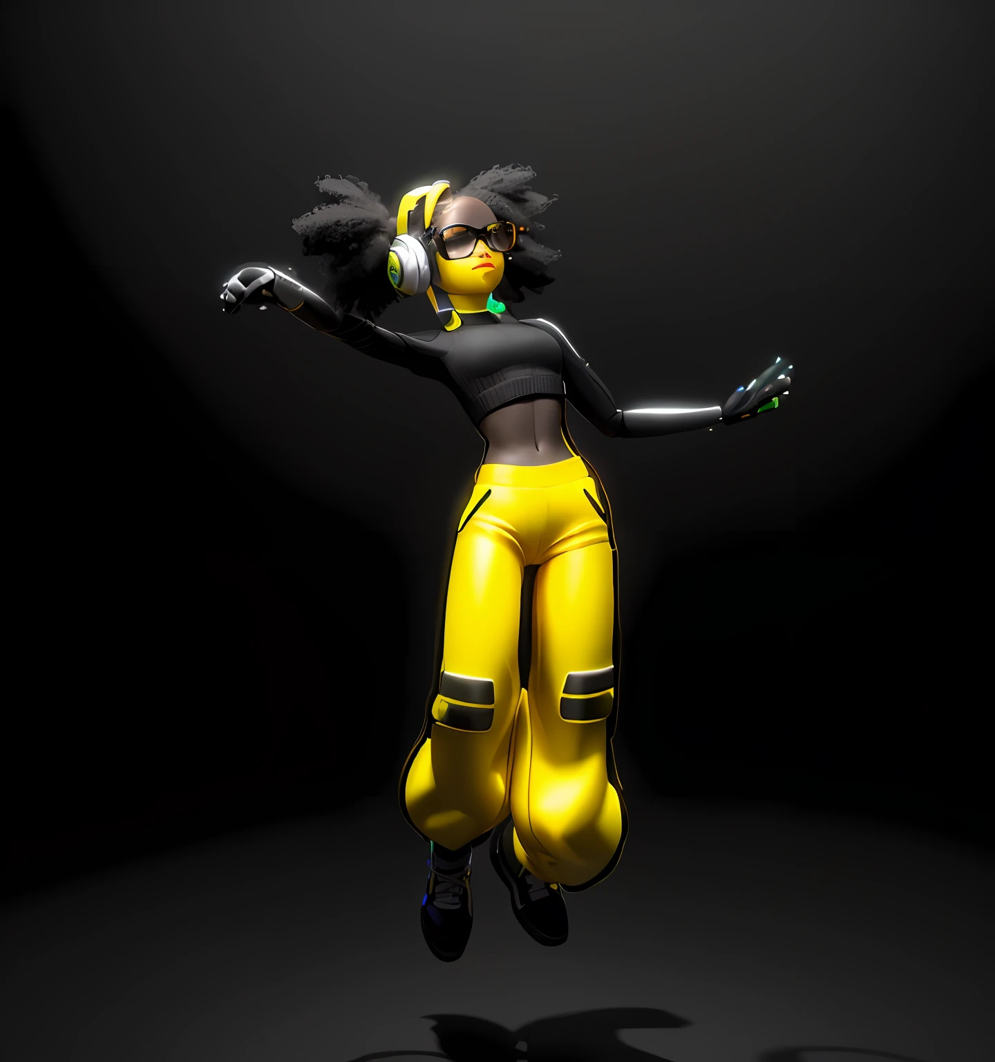 a close up of a person in a yellow outfit jumping in the air, 3 d render character art 8 k, 3 d character render, epic 3 d oshun, cyberpunk bee, 3 d character, 3d character, afro futuristic, african female android, jump pose, rendered in sfm, render of a cute 3d anime girl, anime robotic mixed with organic