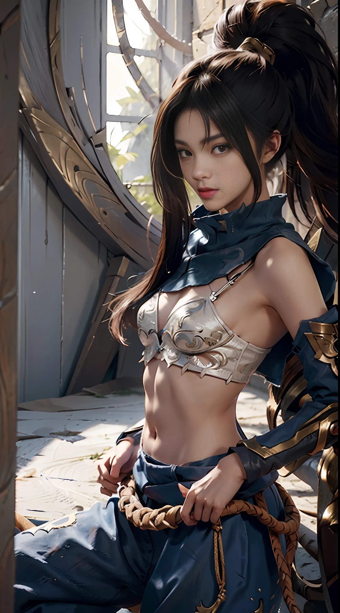against the wall, masterpiece, best quality, super high resolution, cloth texture, (realism: 2), very detailed, beautiful, small details, super detailed, best quality, digital illustration, detailed, complex, 4k, good anatomy, complex details, masterpiece, (illustration: 1.1), high resolution, masterpiece, detailed shadows, amazing detail, (boy:girl:0.8), league of legends, yasuo_ (league_of_legends), 1girl, solo, brunette Ponytail, flowing hair, spiked hair, delicate eyes, navel