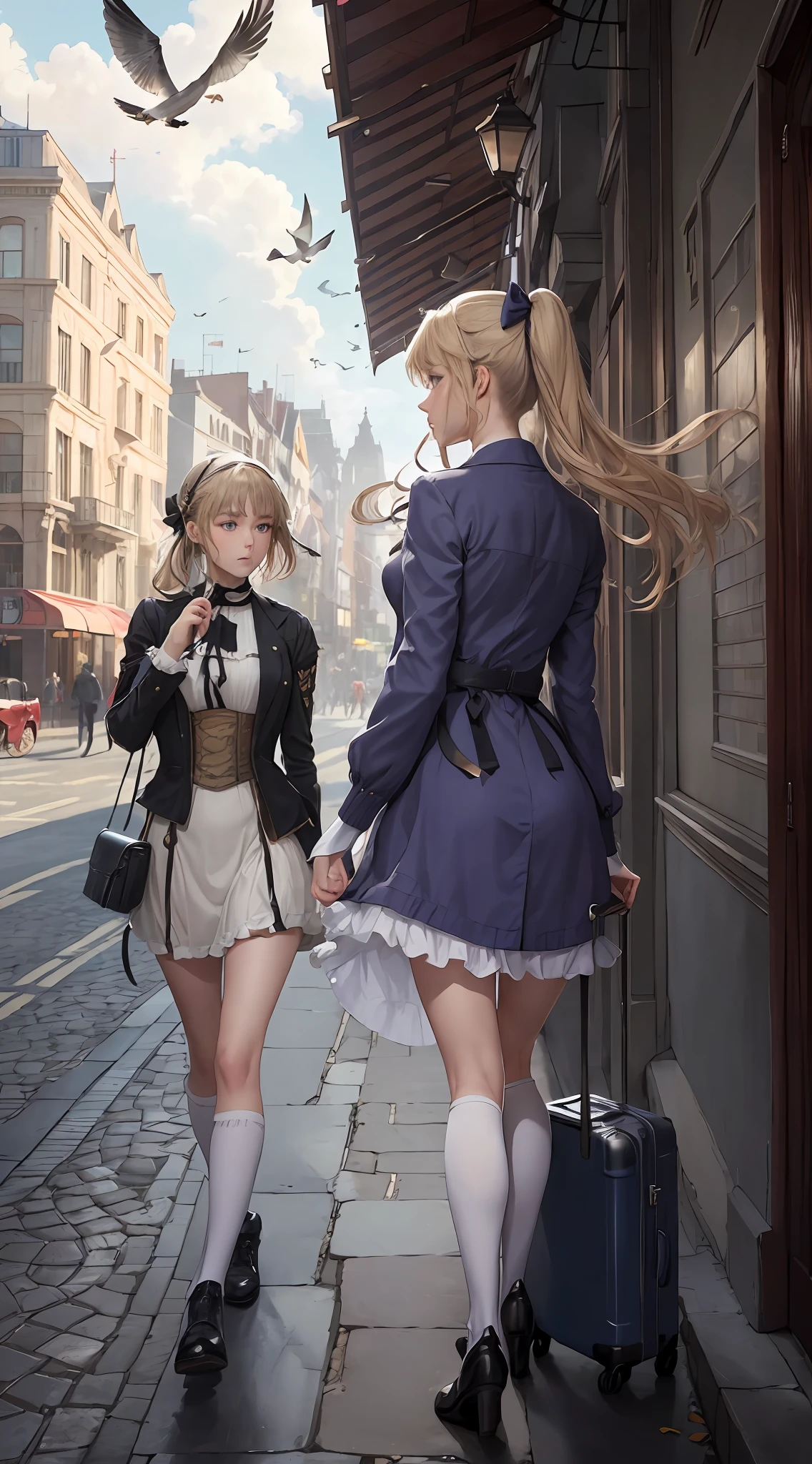 ((masterpiece)), ((best quality)), (ultra-detailed), ((extremely detailed)), 4K, (8K), best quality, 1girl, violet_evergarden, solo, blonde_hair, long_sleeves, ribbon, blue_eyes, jacket, white_dress, hair_ribbon, walking in Victorian city semi tilted sidewalk apperance,pigeons flying around, masterpiece,gray cloudy day, holding a suitcase and a letter,