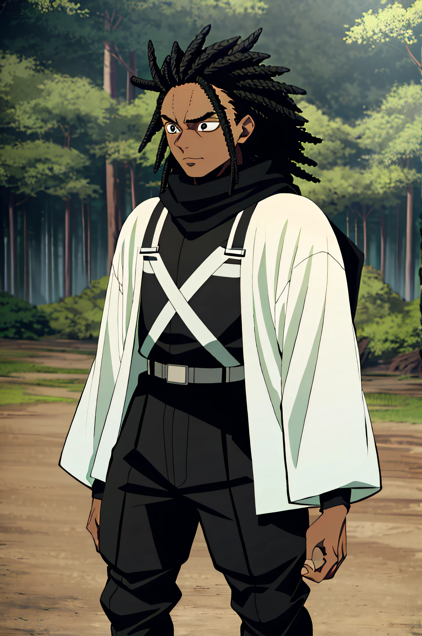 masterpiece, ultra detailed, best quality, deforested forest scenery, Kimetsu No Yaiba look, tall black man with black afro dread hair, black techwear ninja style overalls, black techwear pants, neutral look, perfect anatomy, detailed anatomy, ultra detailed face, anime visual style, anime graphic, confident facial expression, masculine appearance, strong look, manly appearance, defined physique, black katana, giant black scarf