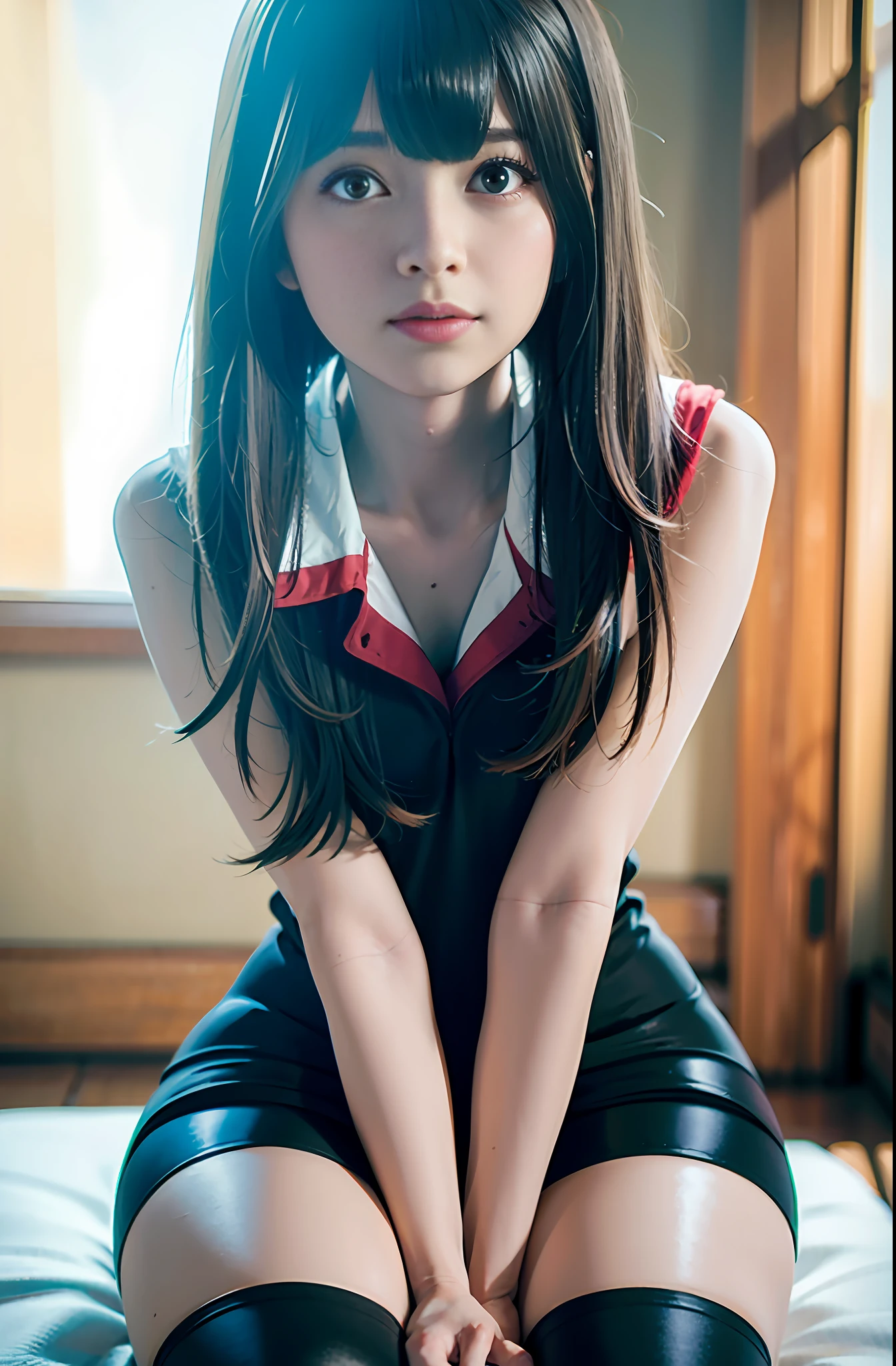 masterpiece, masterpiece, best quality, best quality, real, unity, 8k wallpaper, official art, highly detailed cg unity 8k wallpaper, ulzzang-6500, (original: 1.2), (real: 1.4), ultra detailed, high resolution, ultra detail,fantastic, fine detail, cinematic lighting, ((Long black spandex shorts: 1.37)), ((Less exposed thighs:1.2)), red ninja costumes, ninja, simple costumes, (8k, RAW photos, top quality, masterpiece: 1.27), (realistic, photorealistic: 1.37), one girl, cute, professional lighting, physically based rendering, handsome, masterpiece, top quality, high resolution, bed, sitting on knees.