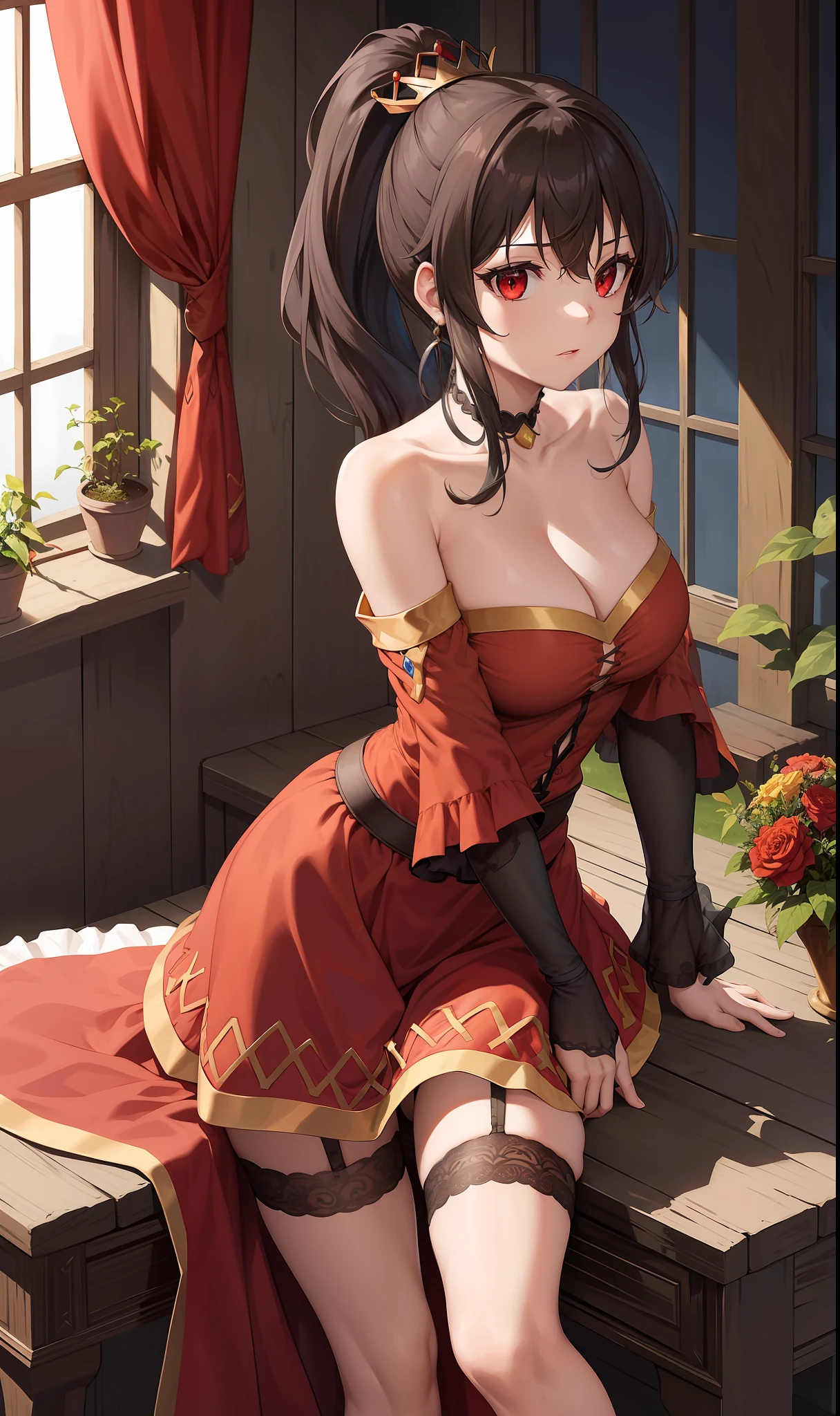 (masterpiece, best quality, high quality, high resolution: 1.4), detailed, extremely detailed, soft ambient lighting, 4K, ornate, internal, (rebirth, crop: 1.4), plants, window, 1Gril, megumin (soil: 1.4), ( megumin: 1.2), Standing, full body, (Focus on breasts: 1.2), (Extremely detailed hair: 1.2), Dark brown hair, shoulder length hair, Long locks, Fringe, (Hair intake, High ponytail: 1.4), expression, reds, emotion the flower of the skin, (Red Eyes, Bright, lust, sexual tension, Looking at the Viewer: 1.2), Curvy, Huge Breasts, Skindentation, (Explosive Breasts: 1.2), (Tiara: 1.2), Crown, (Neckline, Strapless, Red Dress, Ruffled Dress, Long Skirt, Buffalo Skirt, Buffalo Sleeve, Juliet Sleeve, Long Sleeve: 1.2), Jewelry, Totally Sexy, garter belt, black stockings