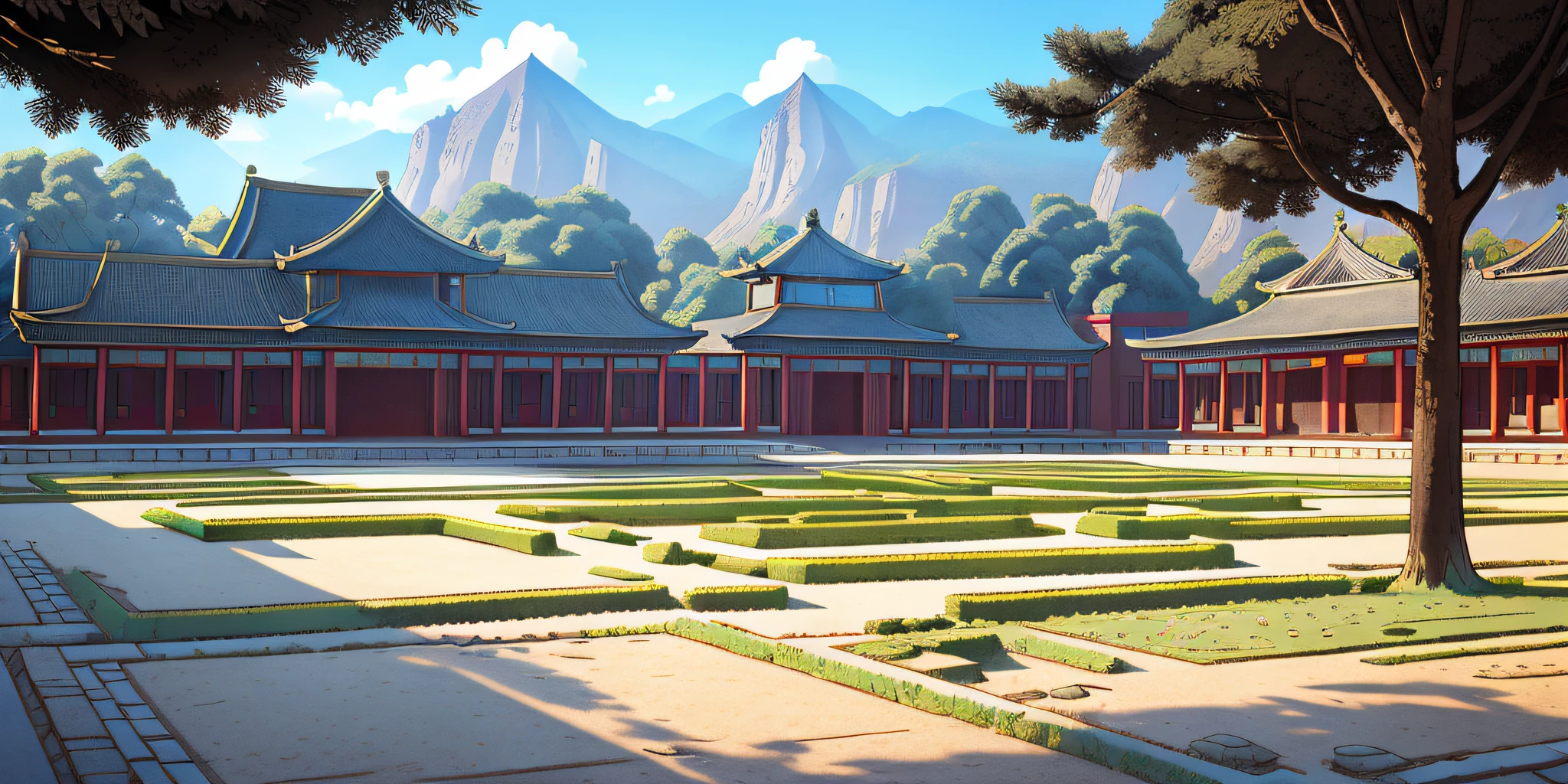 The ancient Chinese Palace Square was a wide open space, usually located in the center of the palace, surrounded by tall walls. The ground on the square is flat and smooth, paved with marble or bluestone, and the shadows and light on the ground can be clearly seen. (No humans: 1.2)