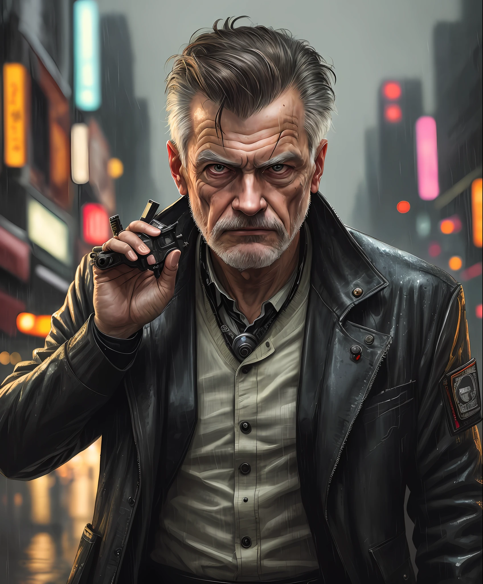 masterpiece, high detail, trending on artstation, realistic, detailed face, overall, a photo of a cyberpunk private detective, old man, dark hair, dirty, drone, Blade Runner city, neo lights, dark, rain, night, RAW, canon r6, wide shot, sharp, blurry background, rule of thirds, dramatic lights, dark shadows