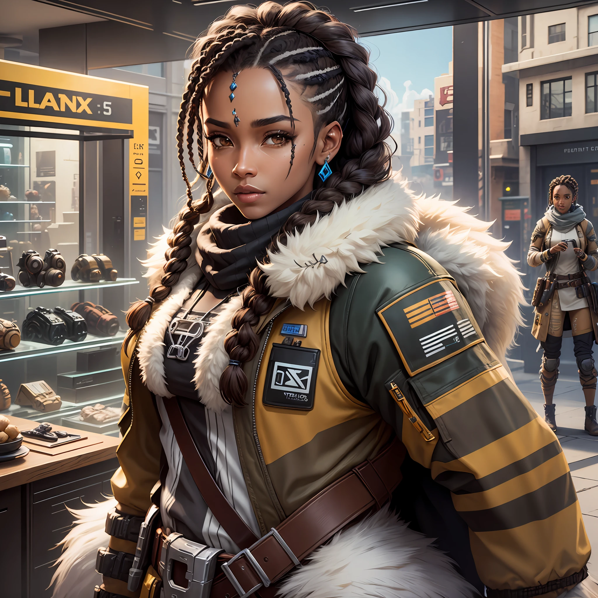 Wolf,Apex Legends,Thief,Fan Holding,Jewelry Store,Braided Hair,Brown Skin,anfall,3D,Unreal Engine 5,Detailed --auto --s2