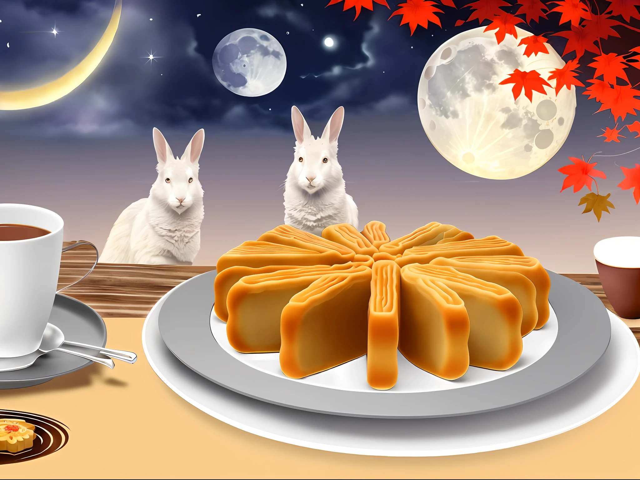 There are rabbits and crabs on the tray and a cup of tea and Hepu large mooncakes, a beautiful flat illustration, autumn, calm night. Digital illustration, higher detail illustration, cute illustration, starry sky environment in moonlight.