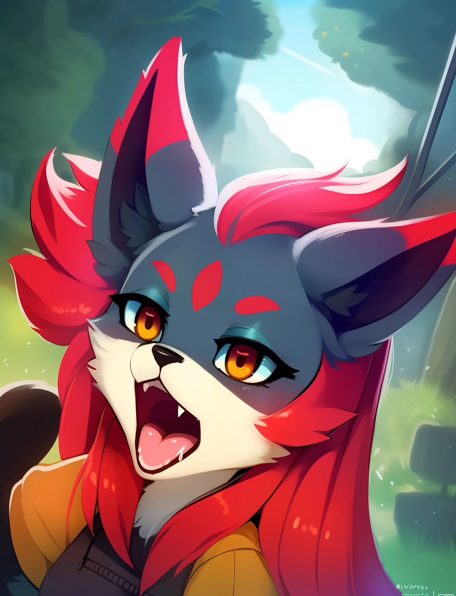 araffe with red hair and a furry tail in the woods, very very beautiful furry art, dramatic cinematic detailed fur, furry art, furry fantasy art, loish and wlop, anthro art, furry wolf, pov furry art, furry art!!!, kemono, 🌺 cgsociety, furry mawshot art, loish |, zorua pokemon, detailed fanart,