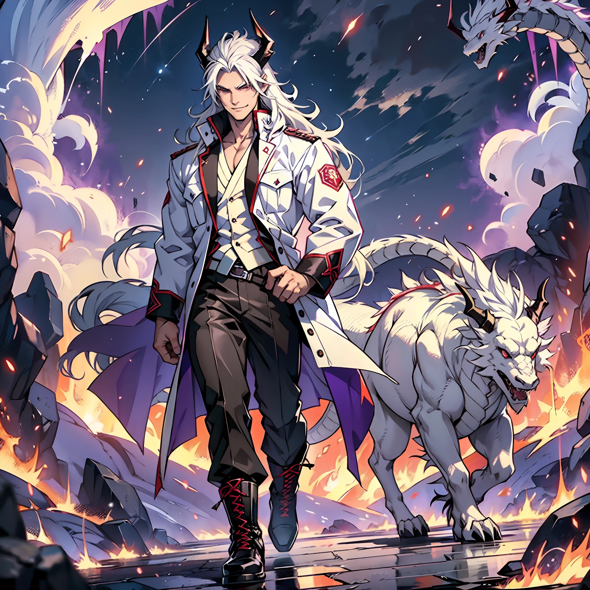 Muscular man, alone, white windbreaker, white long pants, white hair, black locks of hair, Japanese-looking man, dragon horns, violet-colored military boots, evil smile, dark brown eyes, fantasy scenery, walking through the flames of darkness.