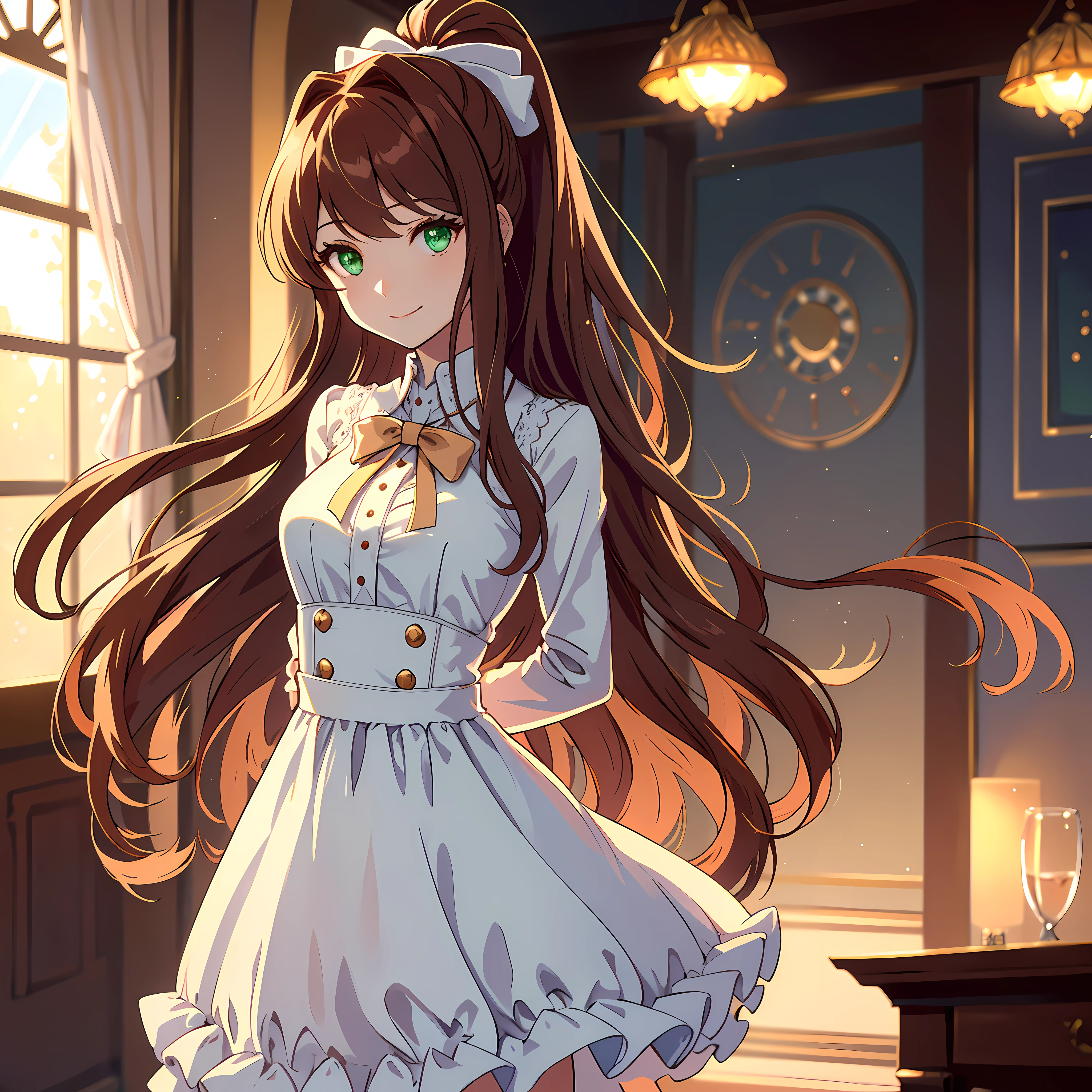 rich Monika in an mansion room, mansion, windows, simple yet beautiful white dress, day, daylight, arms behind back, golden accesories, upper body, face focus, close to face, face, portrait, library, detailed, beautiful lightning, bokeh, dress, alternate clothes, millonaire girl, rich girl, godly, chest accesories, ornate dress, fashion dress, sun rays, fisheye, front view, 2d, masterpiece, best quality, anime, highly detailed eyes, highly detailed face, highly detailed background, perfect lighting, bokeh, cowboy shot, feet out of frame, 1girl, solo, classroom, school uniform, monika \(doki doki literature club\), doki doki literature club, alternate clothes, brown hair, very long hair, white bow, hair bow, ponytail, green eyes, medieval clothes, ornate dress, closed jacket, standing, (leaning forward:0.8), (arms behind back:1.2), smile