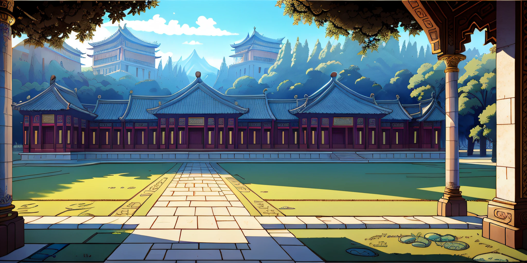 Masterpiece, of the finest quality, high quality, extremely detailed, the ancient Chinese Palace Square is a wide open space, usually located in the center of the palace, surrounded by tall walls. The ground on the square is flat and smooth, paved with marble or bluestone, and the shadows and light on the ground can be clearly seen. Positive angle, (no human: 1.2)