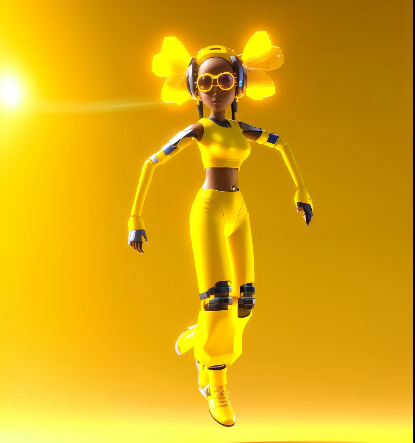 a close up of a person in a yellow outfit jumping in the air, 3 d render character art 8 k, 3 d character render, epic 3 d oshun, cyberpunk bee, afro futuristic, 3 d character, 3d character, african female android, jump pose, rendered in sfm, render of a cute 3d anime girl, anime robotic mixed with organic