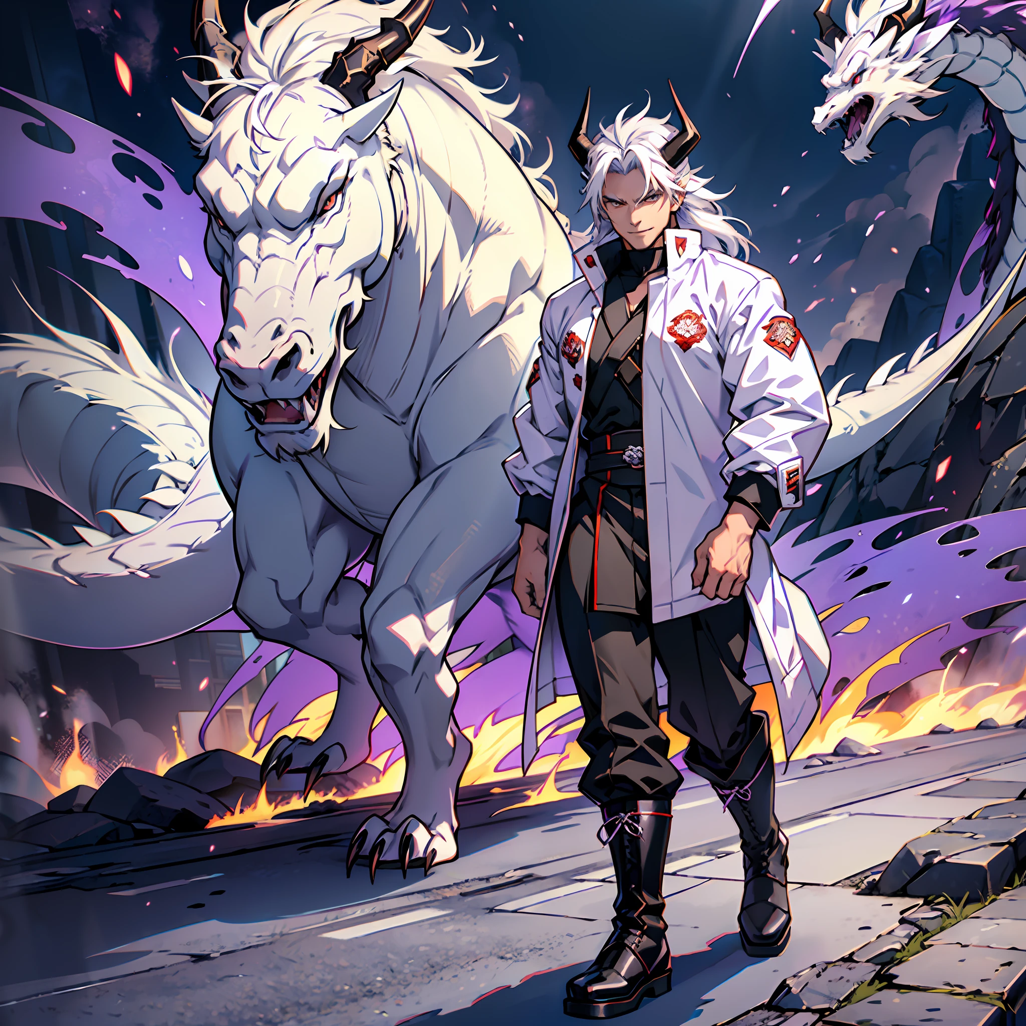 Muscular man, alone, white windbreaker, white long pants, white hair, black locks of hair, Japanese-looking man, dragon horns, violet-colored military boots, evil smile, dark brown eyes, fantasy scenery, walking through the flames of darkness.