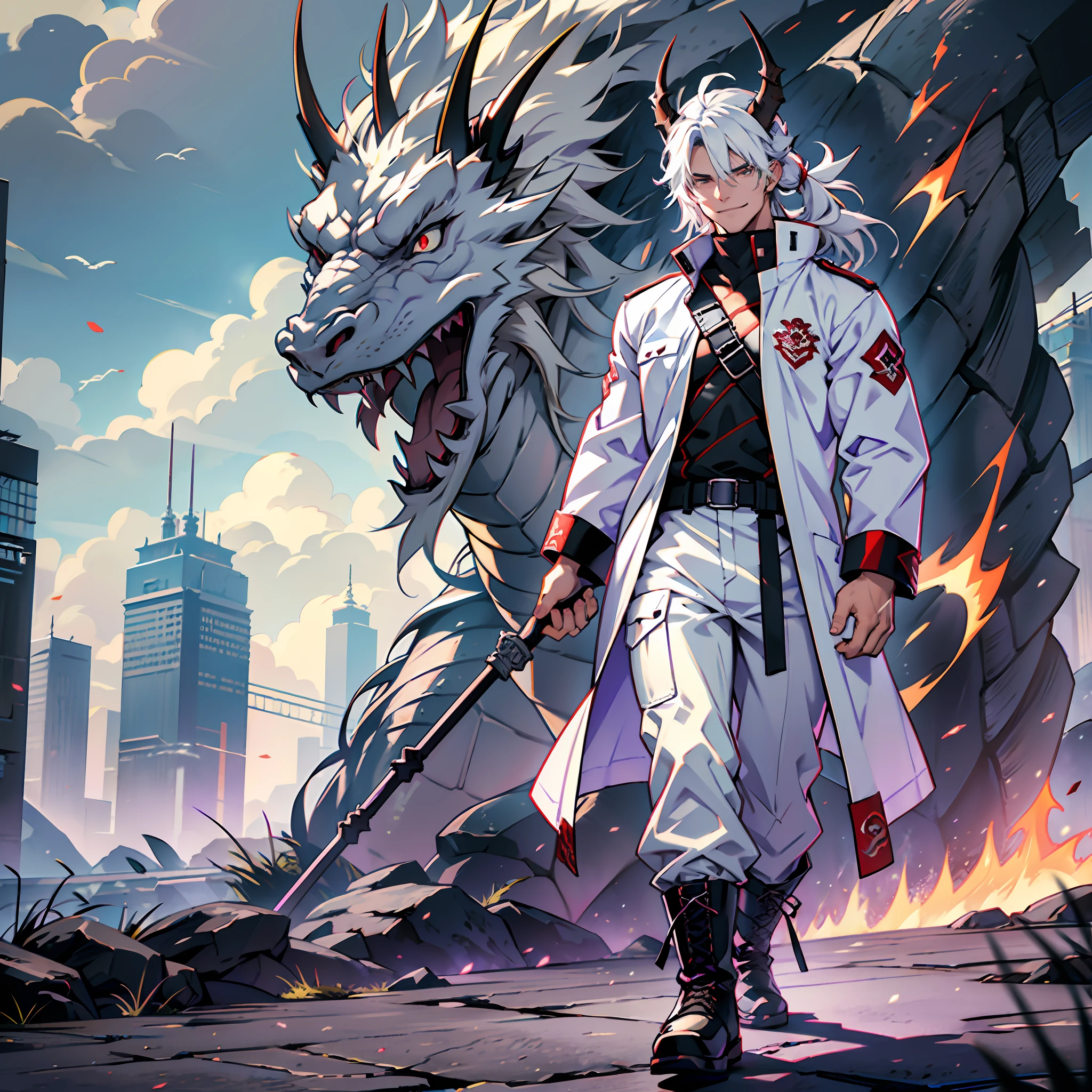 Muscular man, alone, white windbreaker, white long pants, white hair, black locks of hair, Japanese-looking man, dragon horns, violet-colored military boots, evil smile, dark brown eyes, fantasy scenery, walking through the flames of darkness.