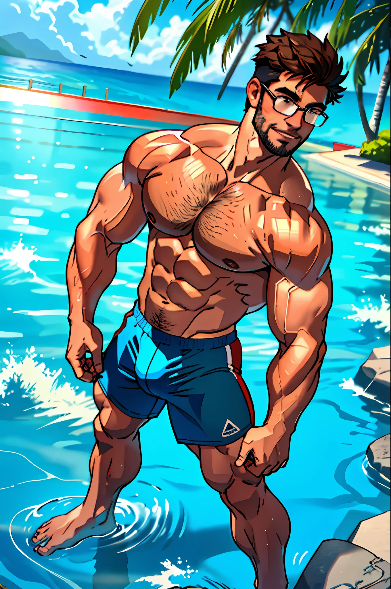 Best quality, masterpiece, ultra high res, detailed background, realistic, solo, male, wearing a clear glasses, mature, bara, muscular, short hair, facial hair, shirtless outfit, tight briefs, school, full body, shirtless outfit, swimming athlete, outside of the beach, sports, thick thighs, light smile