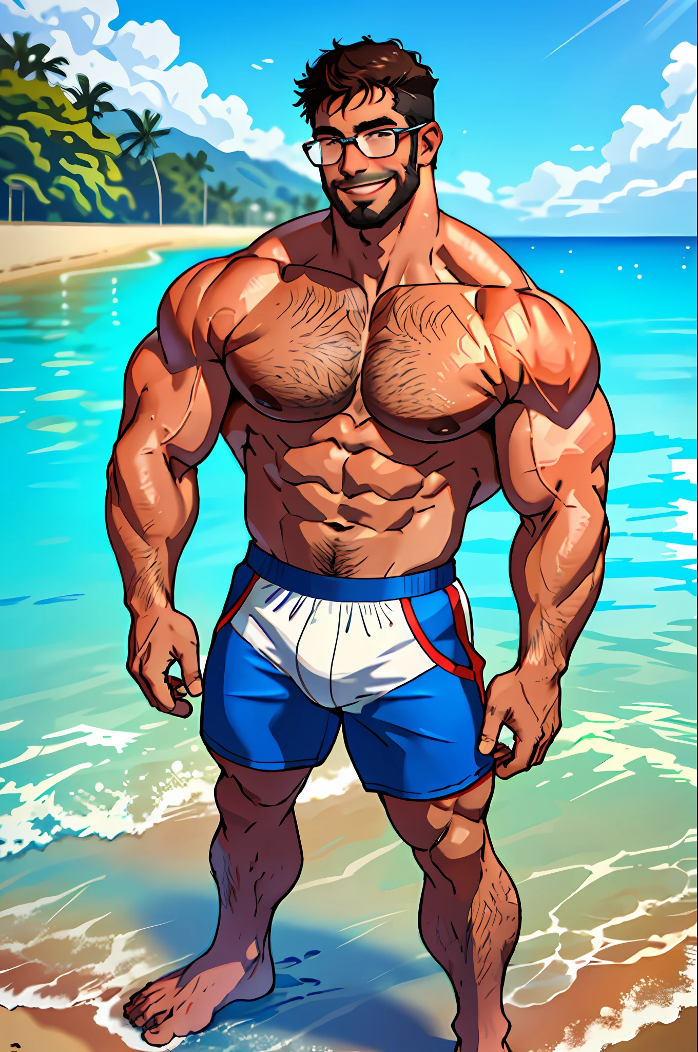 Best quality, masterpiece, ultra high res, detailed background, realistic, solo, male, wearing a clear glasses, mature, bara, muscular, short hair, facial hair, shirtless outfit, tight briefs, school, full body, shirtless outfit, swimming athlete, outside of the beach, sports, thick thighs, light smile