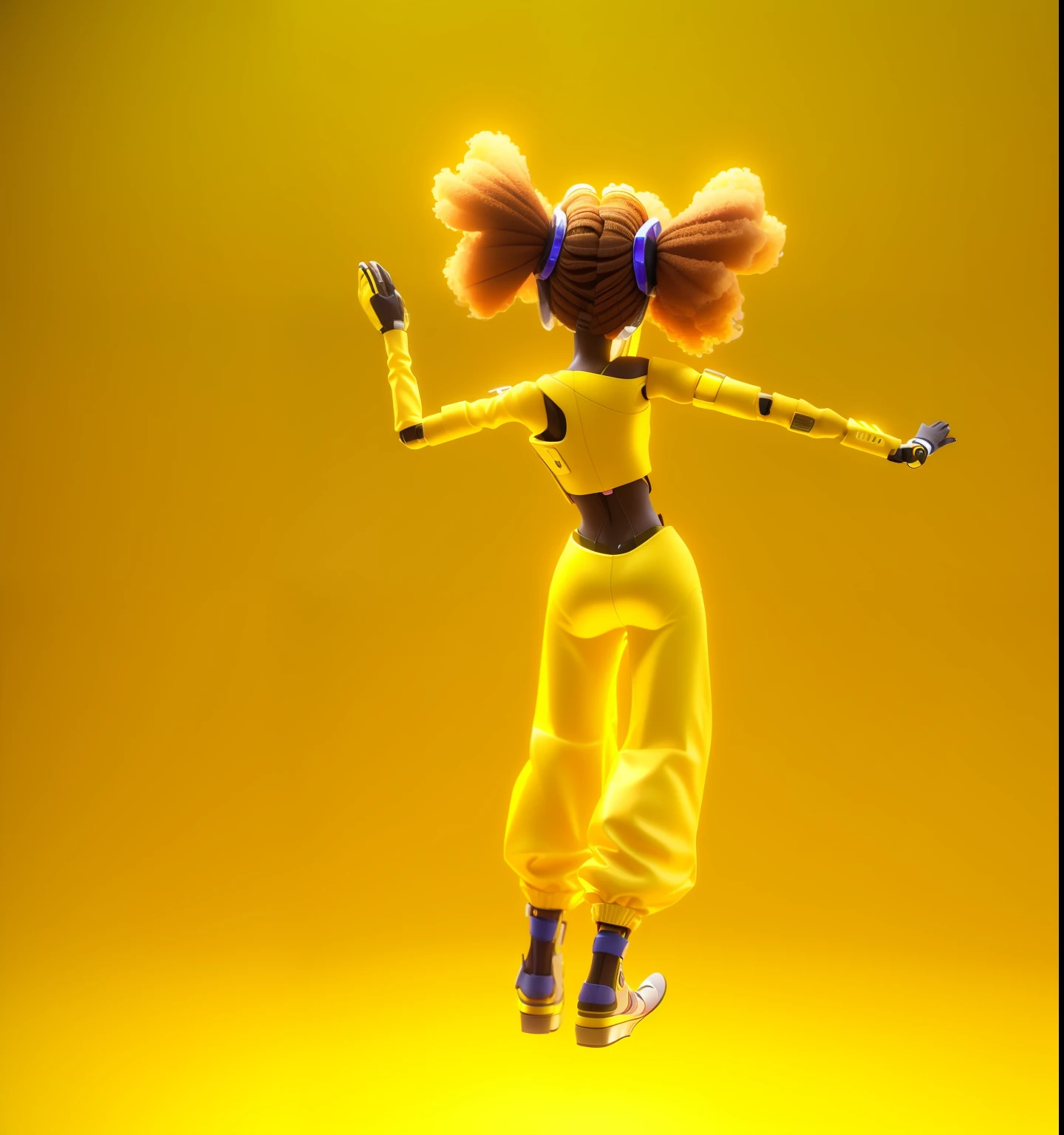 A closeup of a person in a yellow outfit jumping in the air, 3D render 8K character art, 3D character render, epic 3D OSHUN, Cyberpunk Bee, Afro futuristic, 3D character, 3D character, African female android, back pose, rendered in SFM, render of a cute 3D anime girl, Robotic Anime mixed with organic