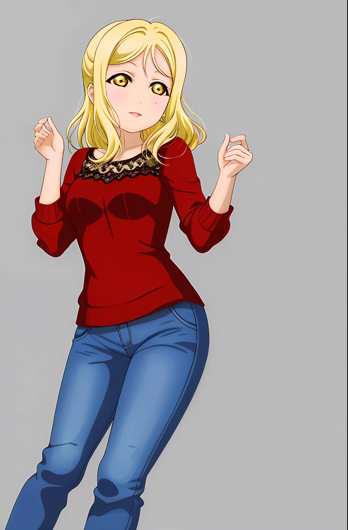 masterpiece, best quality, red long-sleeved shirt, denim pants, blonde hair, greenish yellow eyes, Ohara Mari from Love Live, simple background