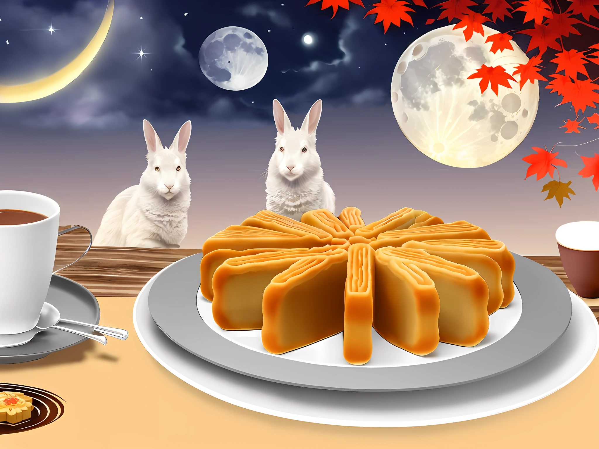 There are rabbits and crabs on the tray and a cup of tea and Hepu large mooncakes, a beautiful flat illustration, autumn, calm night. Digital illustration, higher detail illustration, cute illustration, starry sky environment in moonlight.