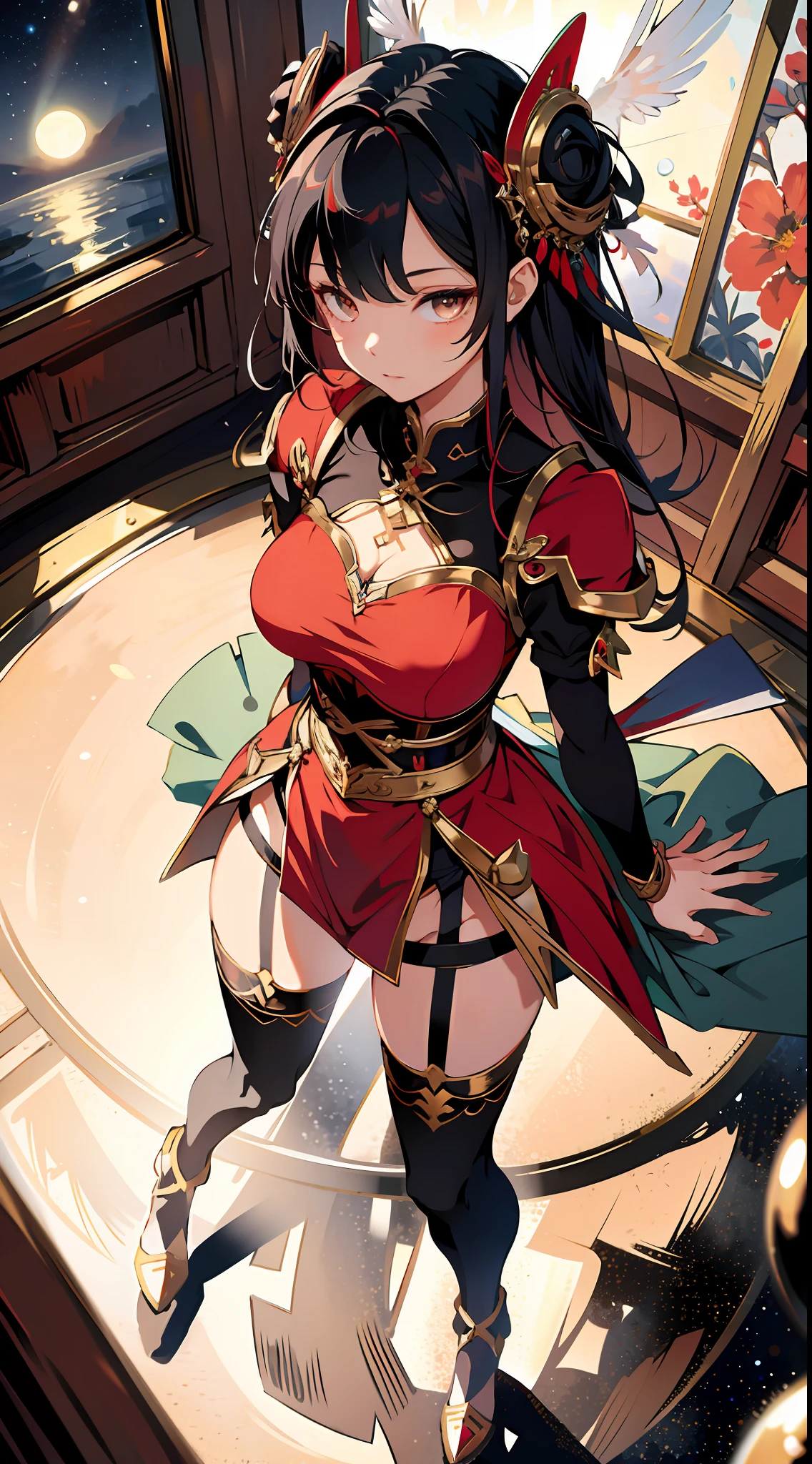 absurd res, high res, (masterpiece:1.4), ultra-detailed, 1girl, from above, space, floating, Chinese dress, red dress, stockings, black hair, golden eyes