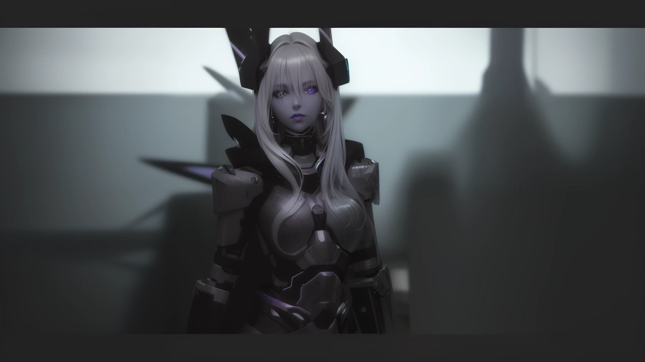 1girl, blonde grey long hair,thick lips, blue contact lenses, hand on another's hip, silver cybernetic implants,long sleeves,black crop top, black leather jacket, purple metallic leggings, silver metallic boots,halo, earrings, pendant, wristband, armlet,
Negative prompt: paintings, sketches