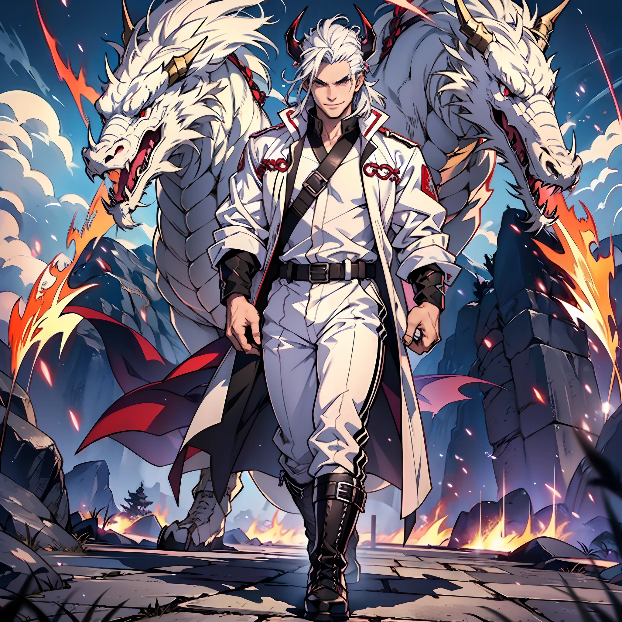 Muscular man, alone, white windbreaker, white long pants, white hair, black locks of hair, Japanese-looking man, dragon horns, violet-colored military boots, evil smile, dark brown eyes, fantasy scenery, walking through the flames of darkness.