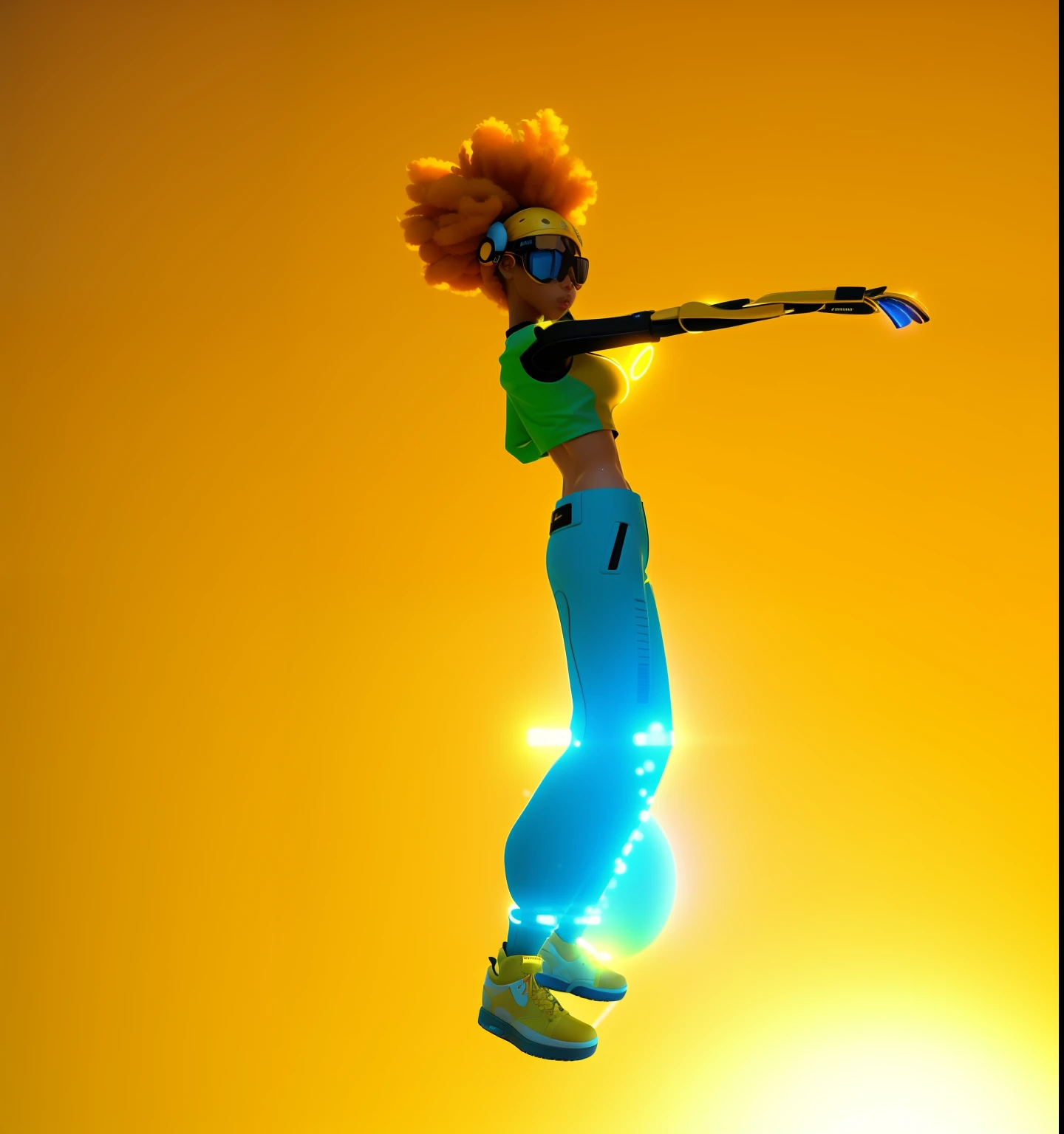 a close up of a person in a yellow outfit jumping in the air, 3 d render character art 8 k, 3 d character render, epic 3 d oshun, cyberpunk bee, afro futuristic, 3 d character, 3d character, african female android, jump pose, rendered in sfm, render of a cute 3d anime girl, anime robotic mixed with organic