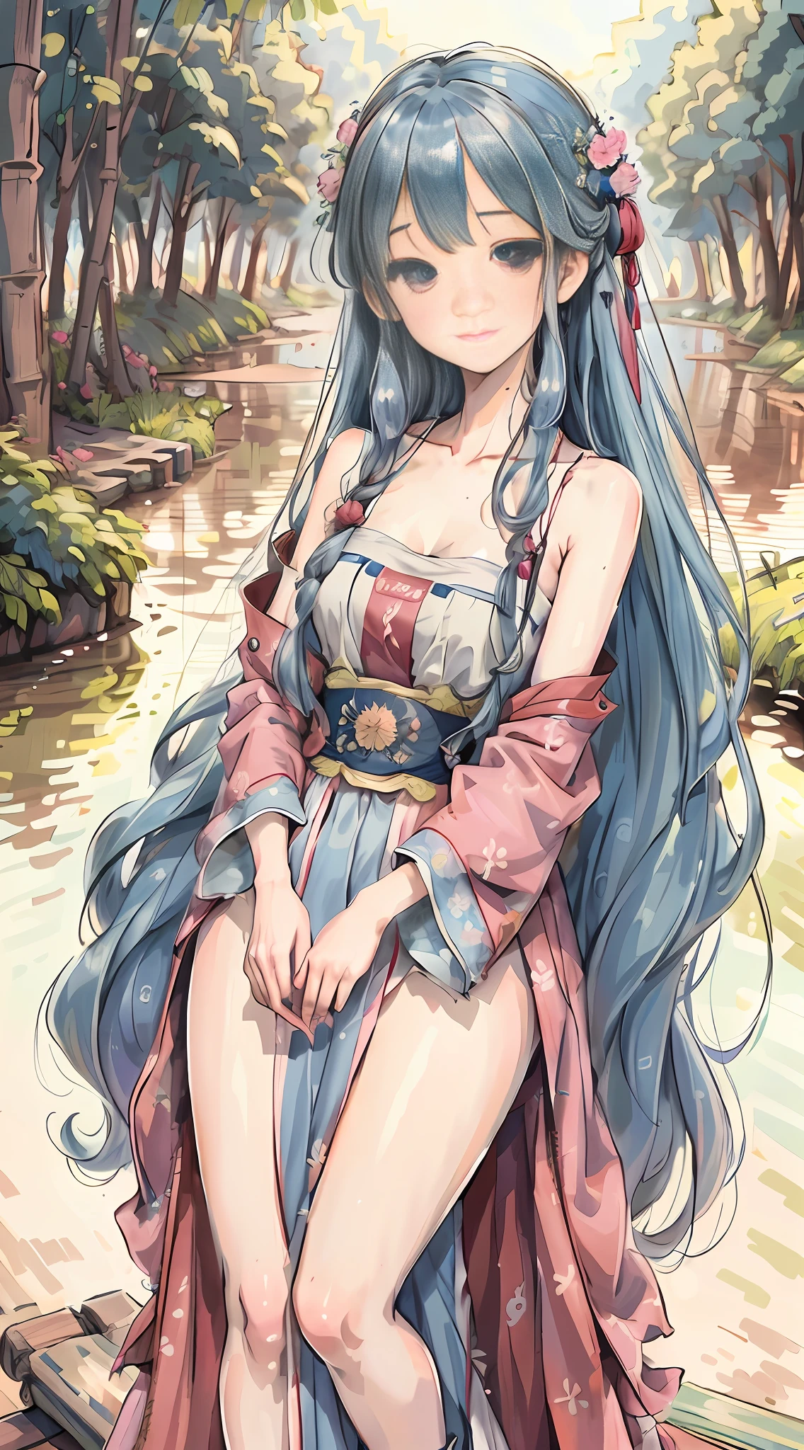 anime girl with long blue hair sitting on a log by a river, beautiful anime girl, anime girl with long hair, beautiful anime woman, anime style 4 k, beautiful alluring anime woman, beautiful anime artwork, beautiful anime style, detailed digital anime art, anime style illustration, cute anime waifu in a nice dress, anime girl, beautiful anime art style, digital anime art